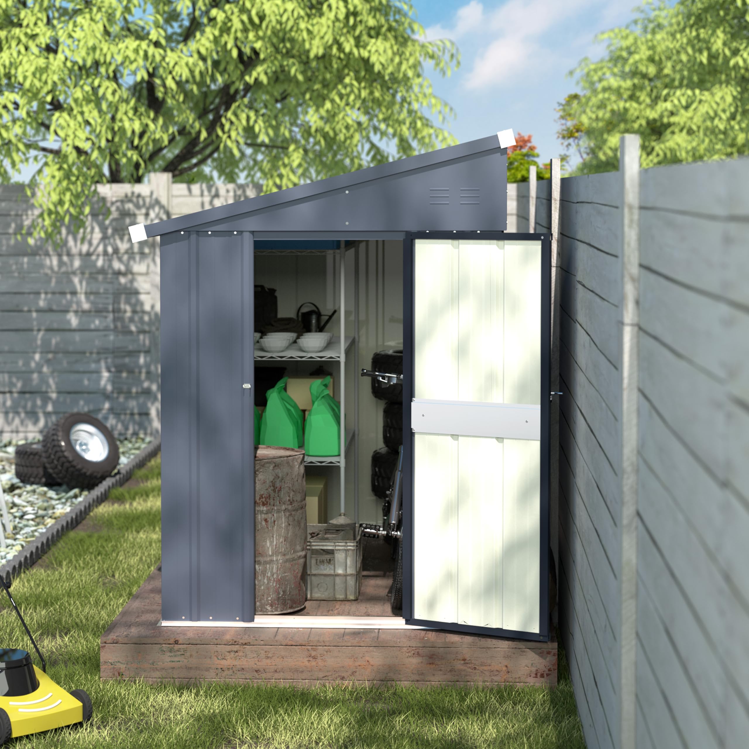 VEIKOU 4x6FT Heavy-Duty Metal Storage Shed - Galvanized Steel Outdoor Shed with Lockable Door & Ventilation - Weatherproof Garden Shed for Backyard, Patio & Lawn Equipment Storage (Gray & Black)