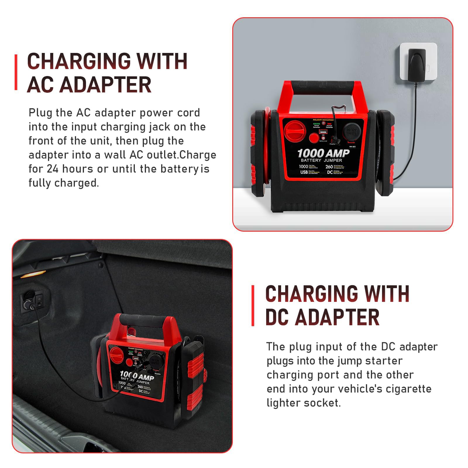 1000Amp Portable Car Battery Jump Starter with 260PSI Air Compressor - 12V Jump Box for Gas/Diesel Engines (Up to 5L) - Tire Inflator with USB/DC Ports - Emergency Roadside Assistance for Cars, Trucks, SUVs & RVs