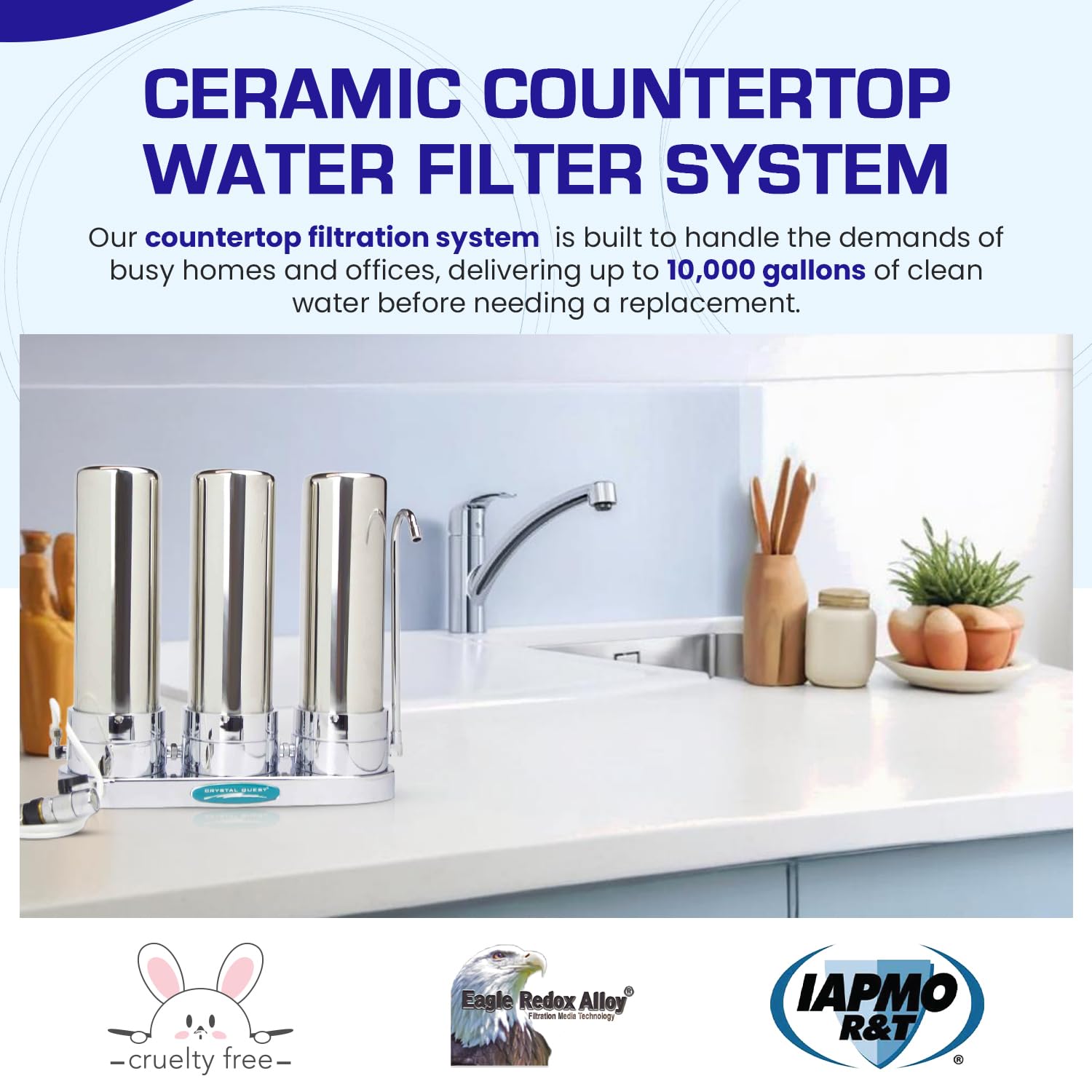 Premium Ceramic Countertop Water Filter System - Triple Filtration & Stainless Steel Housing | Crystal Quest | Perfect for Home, Office & RV Use