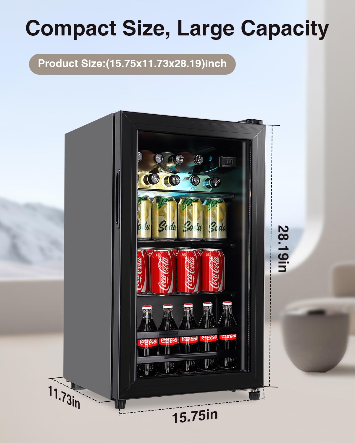 FLB-60 120 Can Freestanding Beverage Cooler Refrigerator with Glass Door - Compact Drink Dispenser for Office, Bar, Home - Adjustable Removable Shelves, Black - Perfect for Parties, BBQs and Entertaining Guests