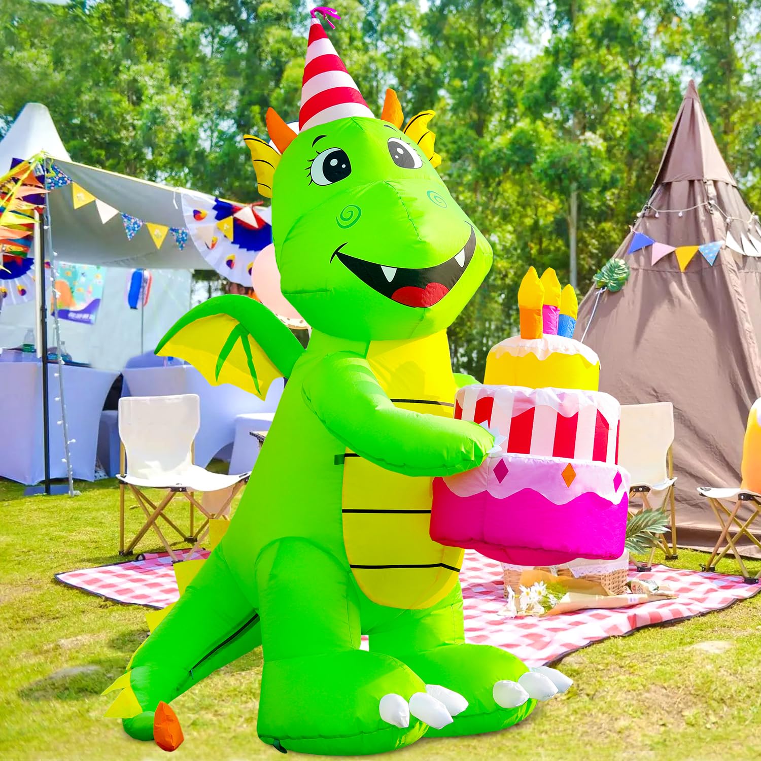 DomKom 6FT Inflatable Dinosaur Birthday Cake with Built-in LED Lights - Outdoor Indoor Party Decor for Garden, Yard, Lawn - Perfect for Birthday Celebrations, Baby Showers & Themed Events