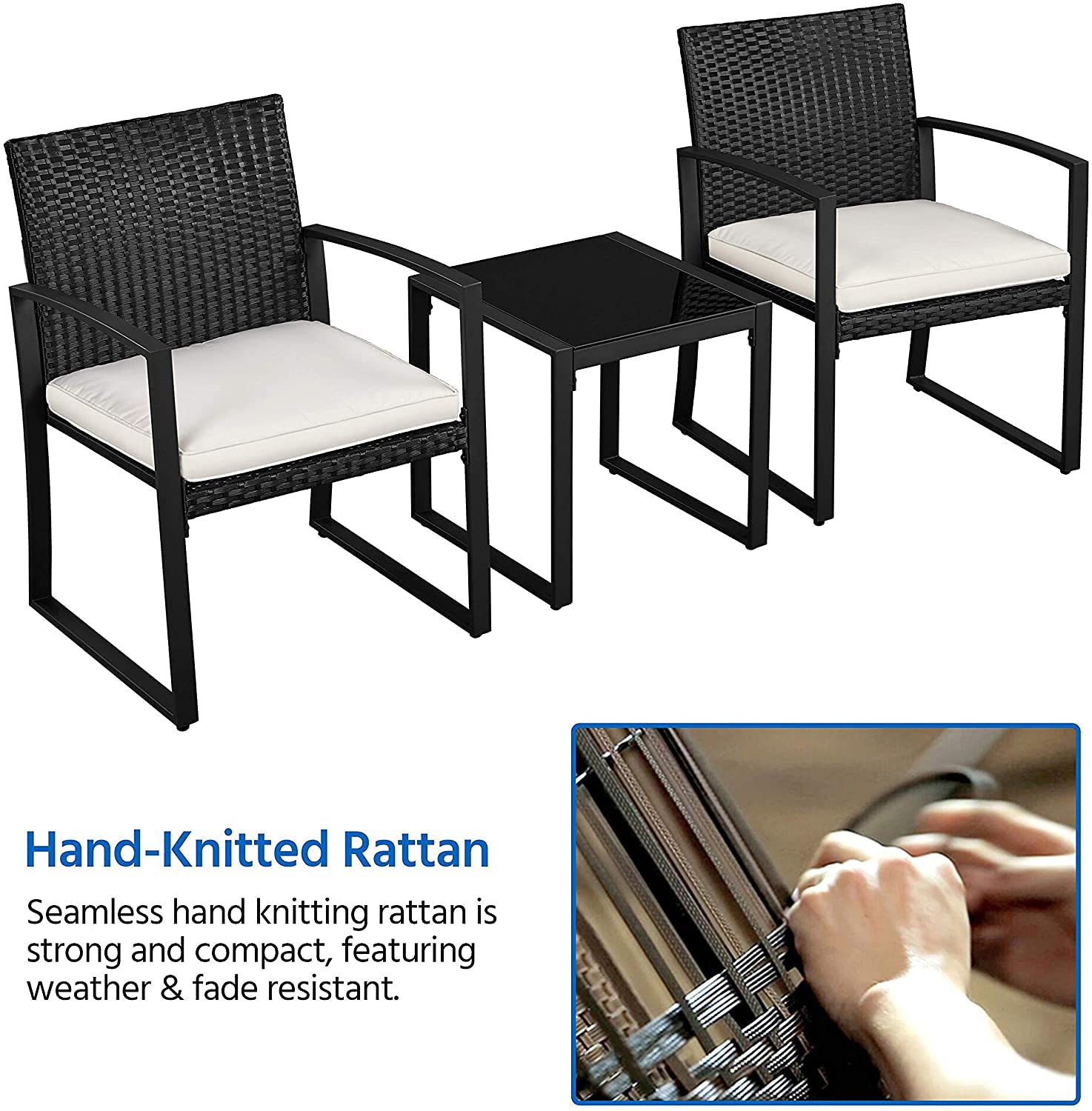 3-Piece Modern Bistro Set - All-Weather Rattan Patio Conversation Set with Coffee Table for Porch, Balcony, Backyard & Garden Outdoor Furniture (Black & White) - Perfect for Relaxing, Entertaining & Small Space Decor