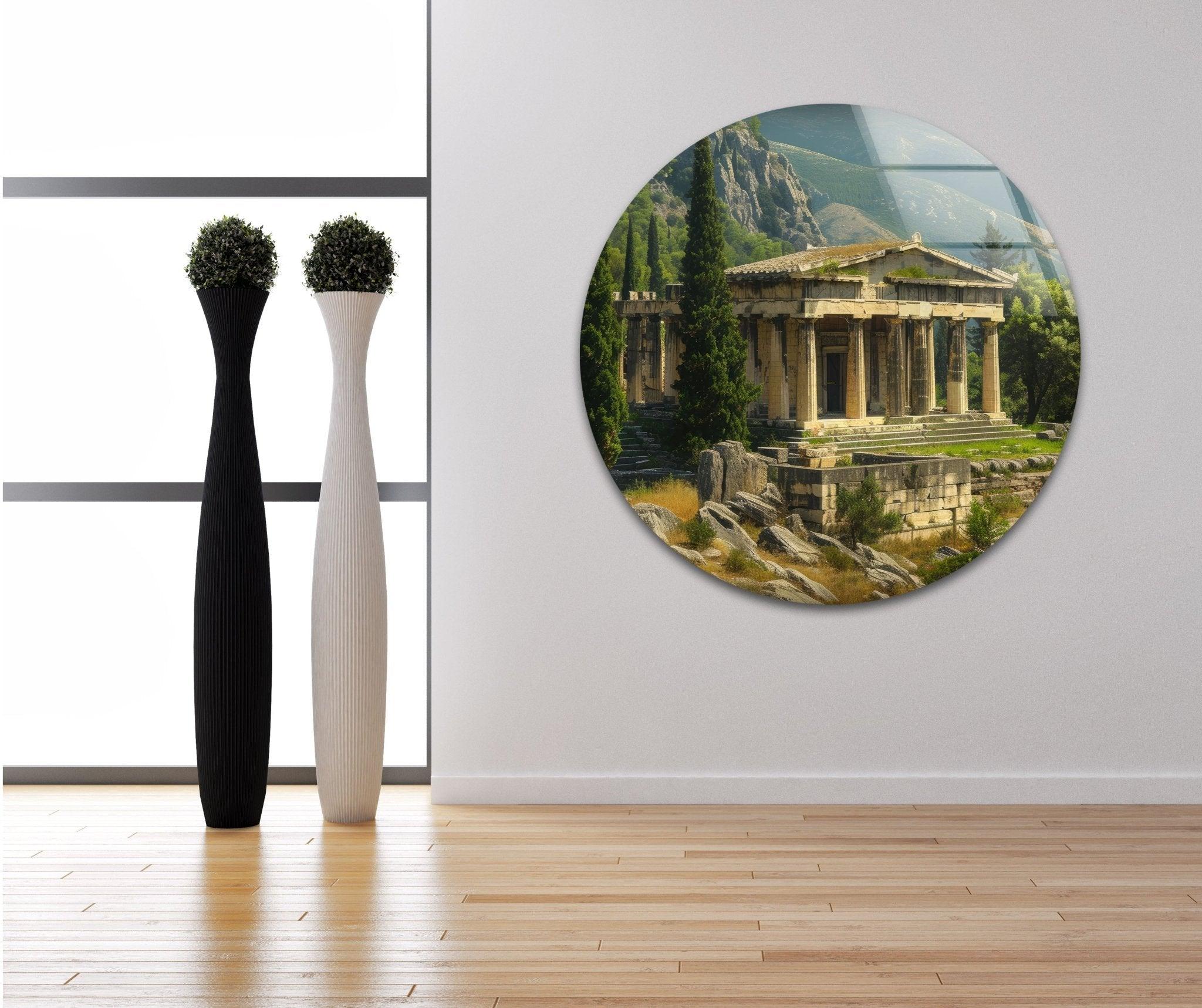Ancient Greek Temple Stained Glass Wall Art - Handmade Window Panel for Home Decor, Church, and Office