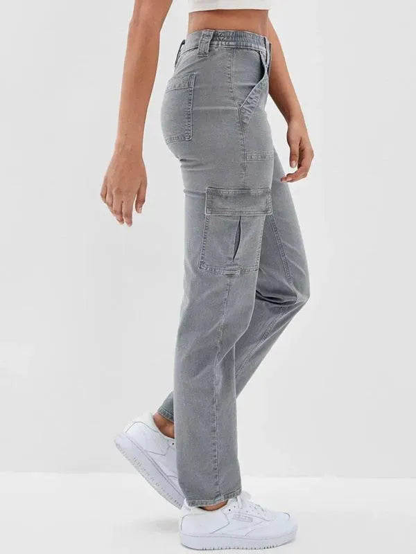 Washed Women's Cargo Denim Jeans - Stylish & Comfortable High-Waisted Pants for Casual Wear, Outdoor Adventures & Street Fashion