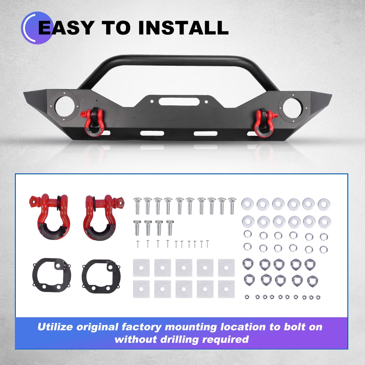 WOLFSTORM Heavy Duty Steel Front Bumper for 2007-2018 Jeep Wrangler JK/JKU & 2018-2025 JL/JLU & 2019-2025 Gladiator JT - Full Width Off-Road Bumper with 2x D-Ring Shackles - Perfect for Trail Riding, Rock Crawling & Overland Adventures