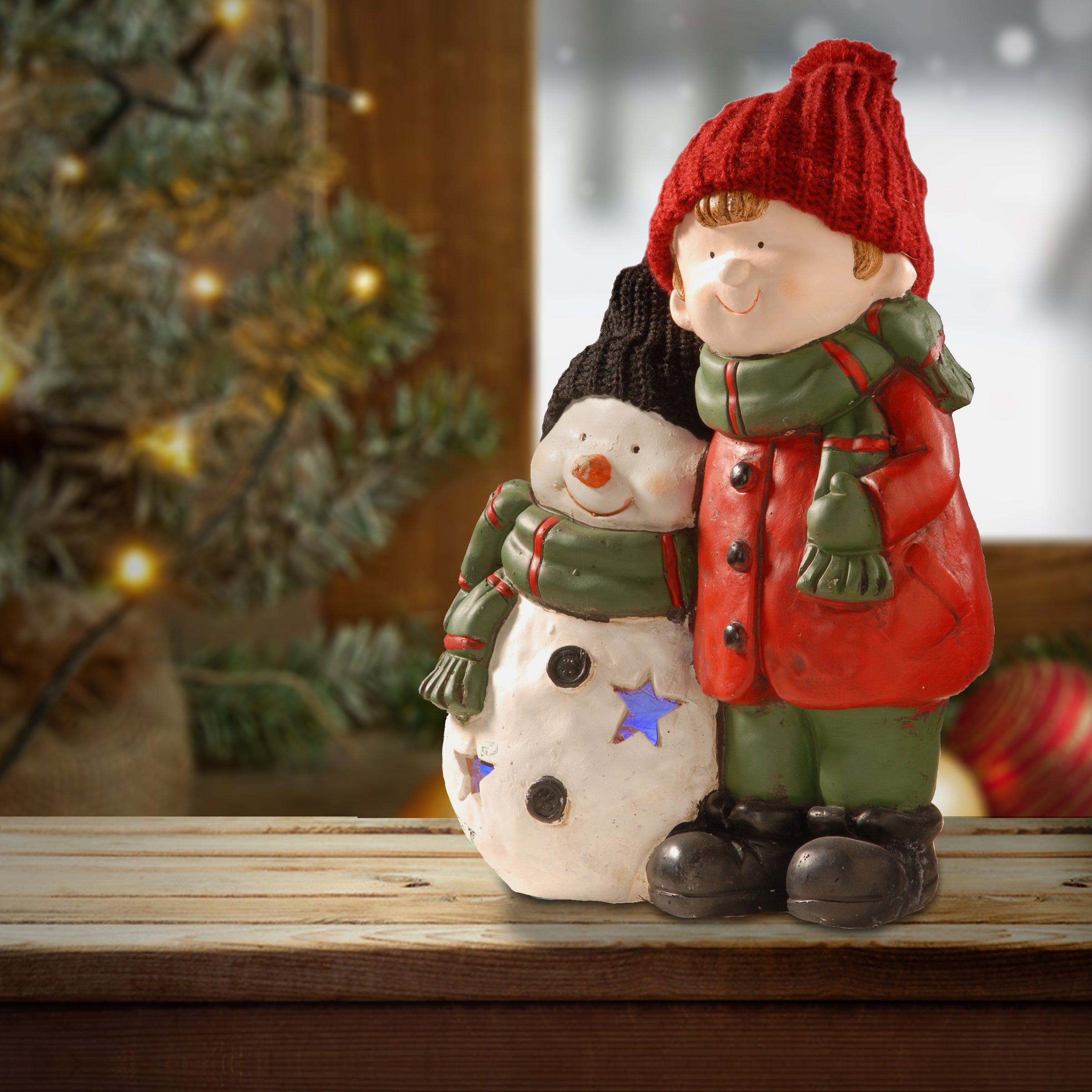 15 Inch LED Lighted Snowman and Boy Christmas Yard Decor - Outdoor Holiday Decoration for Lawn, Garden, and Porch