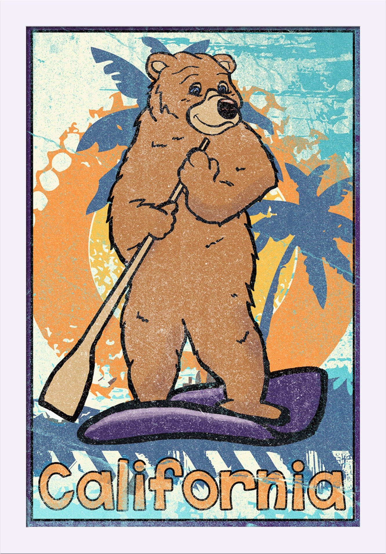 California Cartoon Bear on Paddle Board - 16x24 Giclee Fine Art Print with Recycled Wood Frame in White - Perfect for Beach House Decor, Nursery Wall Art or Surfing Enthusiast Gift