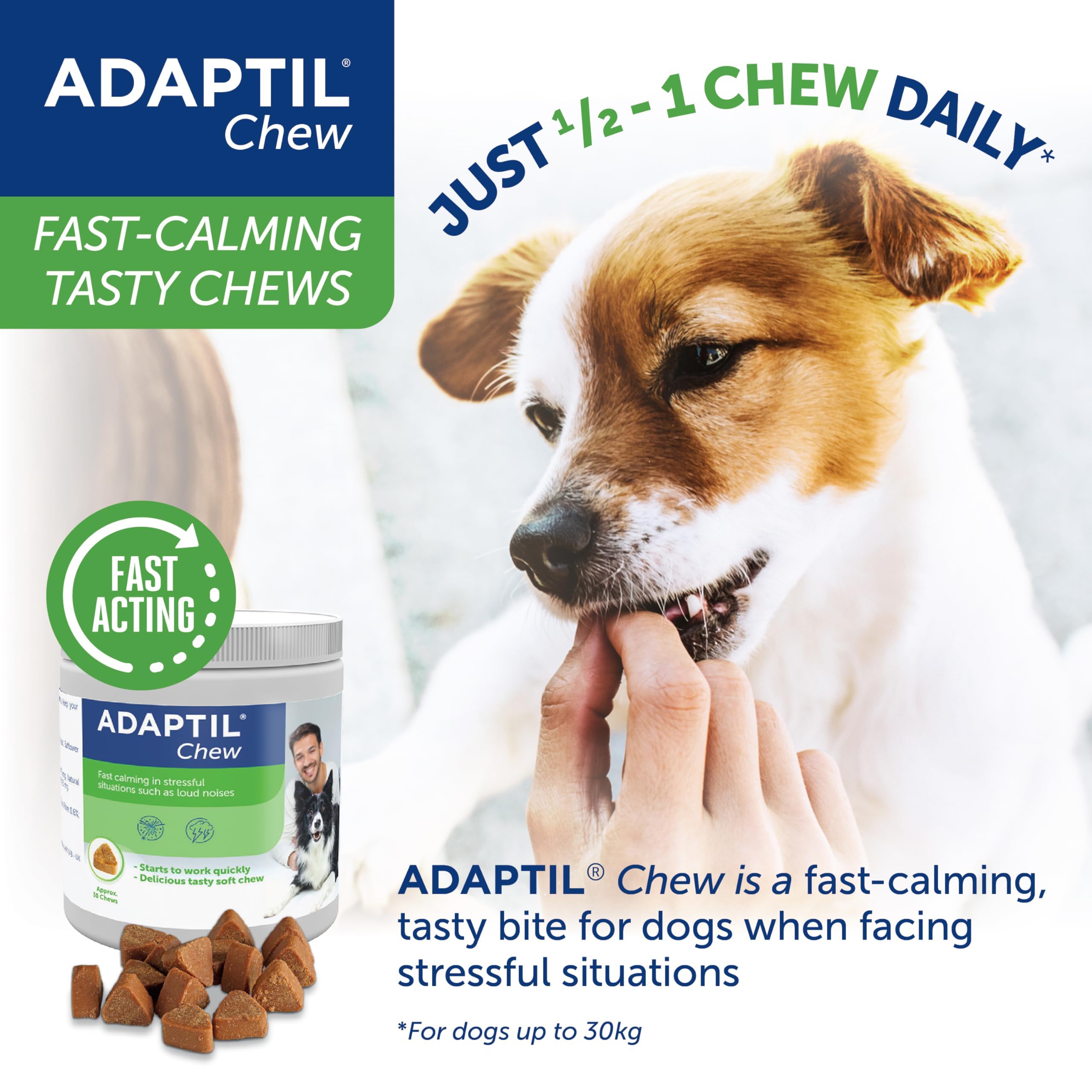 Adaptil Calming Dog Treats for Anxiety Relief - 30 Fast-Acting Stress Reducing Chews for Dogs - Helps with Fireworks, Thunderstorms & Travel - Tasty Natural Treats for Nervous Pups - Perfect for Vet Visits & Separation Anxiety
