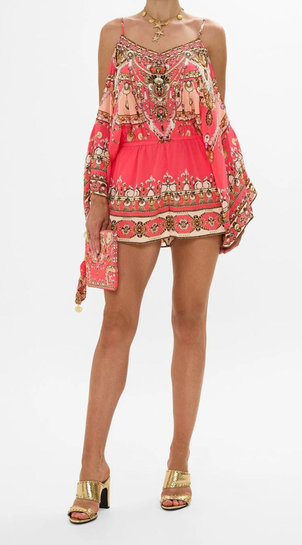 Drop Shoulder Playsuit - Women's Fashion Romper Jumpsuit for Casual Outings & Summer Vacations | Shell Games Print Style