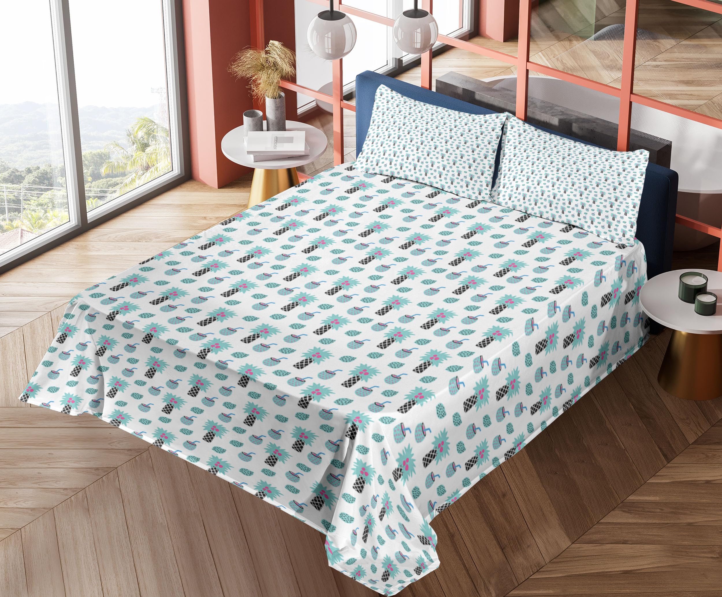 Ambesonne Exotic 4-Piece King Size Sheet Set - Tropical Lemon & Pineapple Hipster Fruit Print, Aqua Magenta & Black Bedding Set with Fitted Sheet, Flat Sheet & Pillowcases | Perfect for Summer Bedroom Decor, Guest Room Makeover or Beach House Retreat