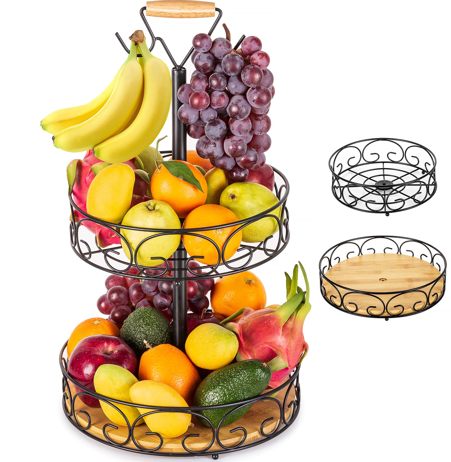 ETECHMART 2-Tier Bamboo & Iron Fruit Basket with Banana Hanger - Large Capacity Countertop Storage for Fruits, Vegetables, Bread and Snacks - Perfect for Kitchen, Dining Room or Pantry Organization