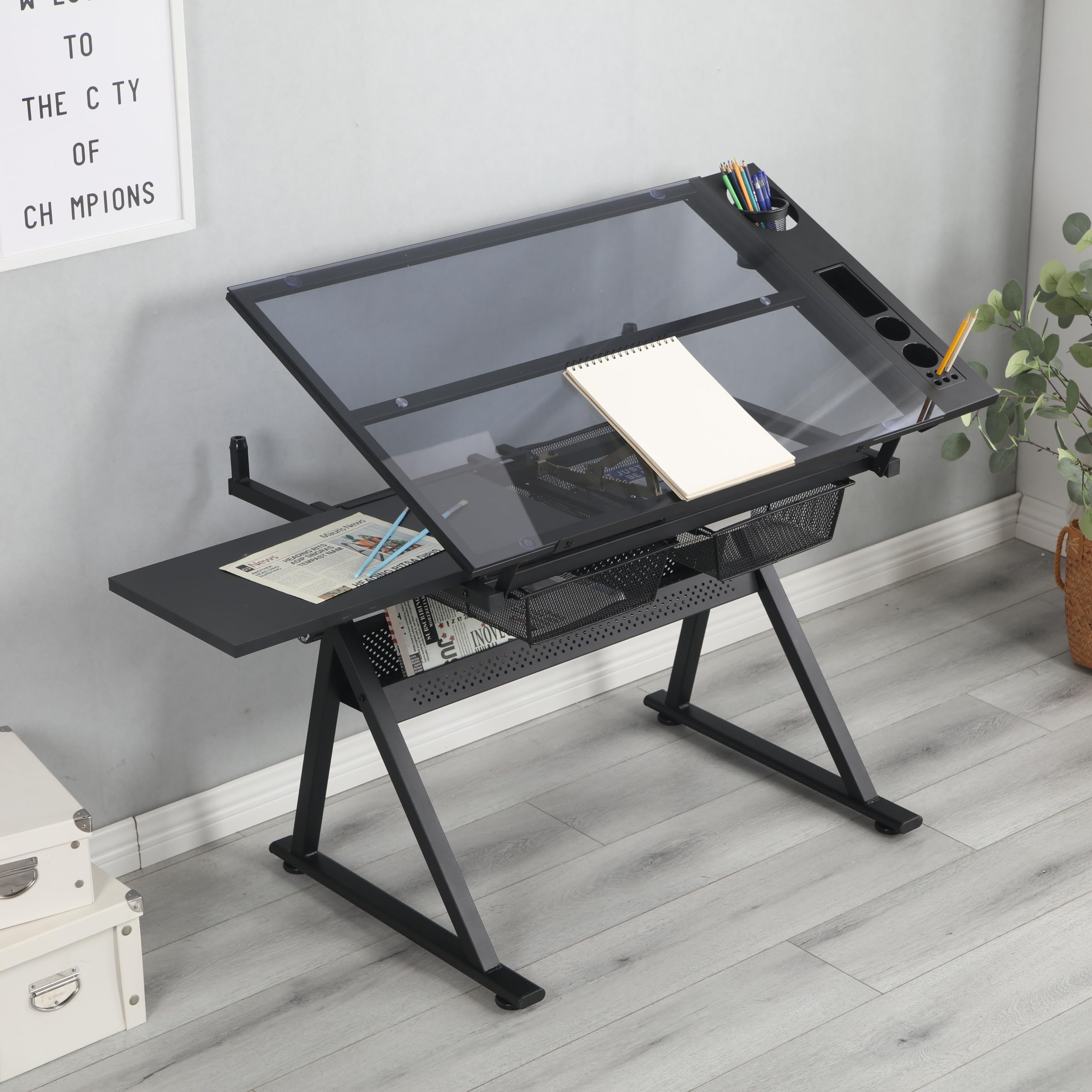 LOPOO Adjustable Height Drafting Table with Tempered Glass Top - 0-75° Tiltable Artist Drawing Desk & Chair Set, Black Glass - Perfect for Artists, Architects & Designers Studio Workspace
