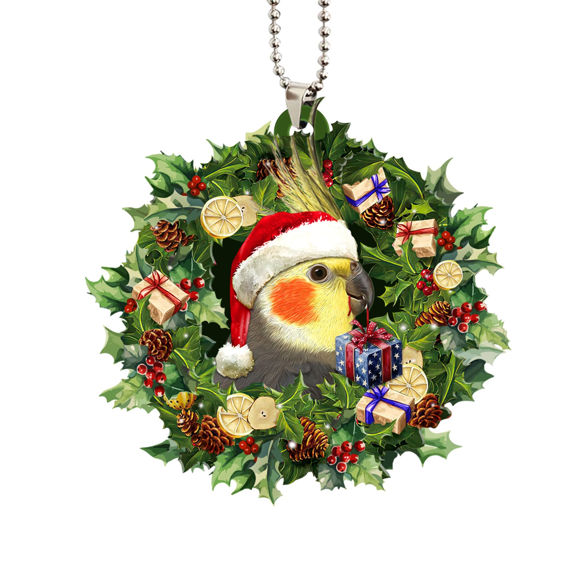 Talataca Cockatiel Christmas Hat Wreath - 2D Flat Car Mirror Hanging Charm & Tree Ornament - Cute Bird Decor for Rearview Mirror, Christmas Tree, Home & Gift Giving