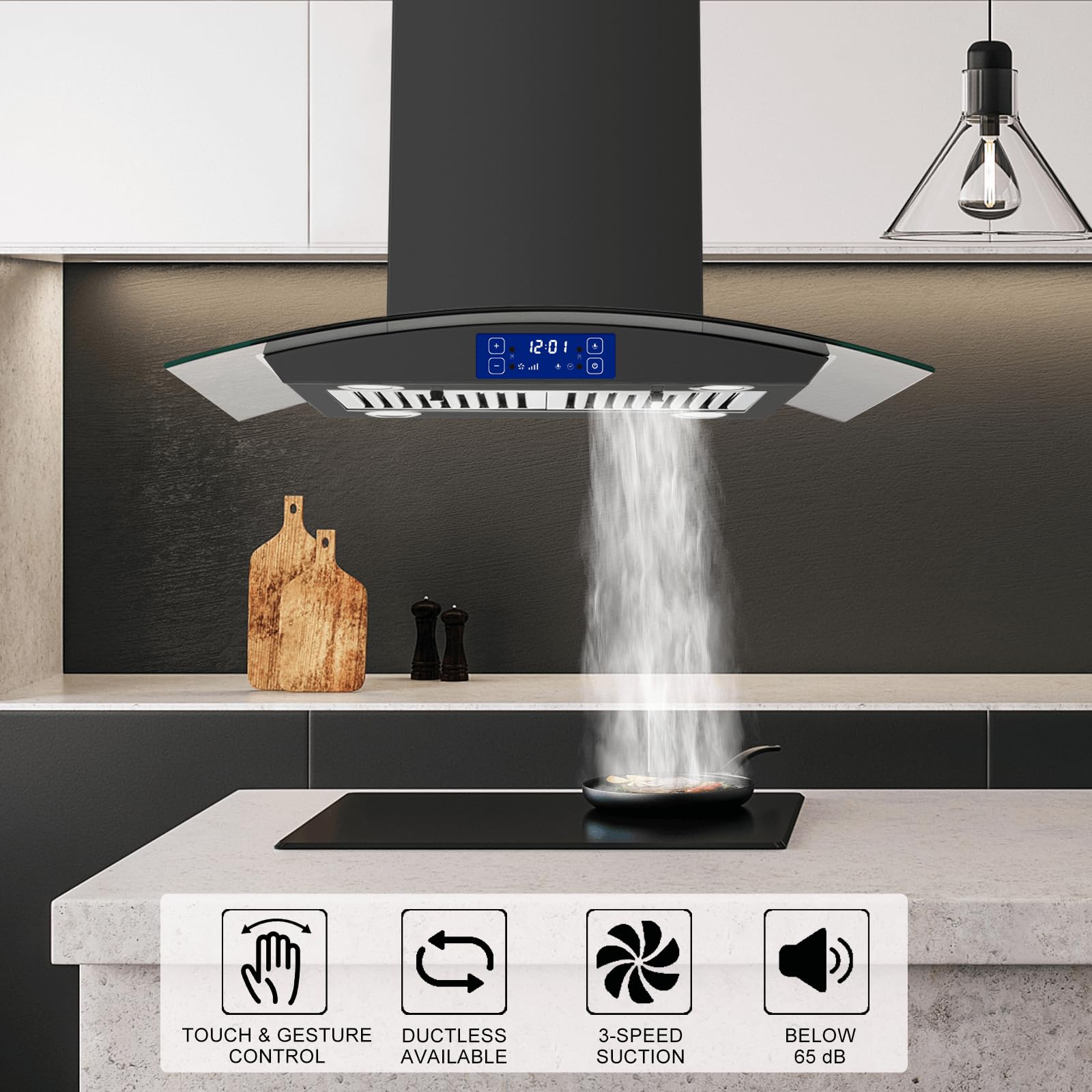 30 Inch Black Stainless Steel Island Range Hood 700CFM - Touch & Gesture Control, Convertible Kitchen Exhaust Fan with Tempered Glass, LED Lights & Permanent Baffle Filters | Modern Ceiling Mount Vent Hood for Open Kitchen & Restaurant Style Cooking