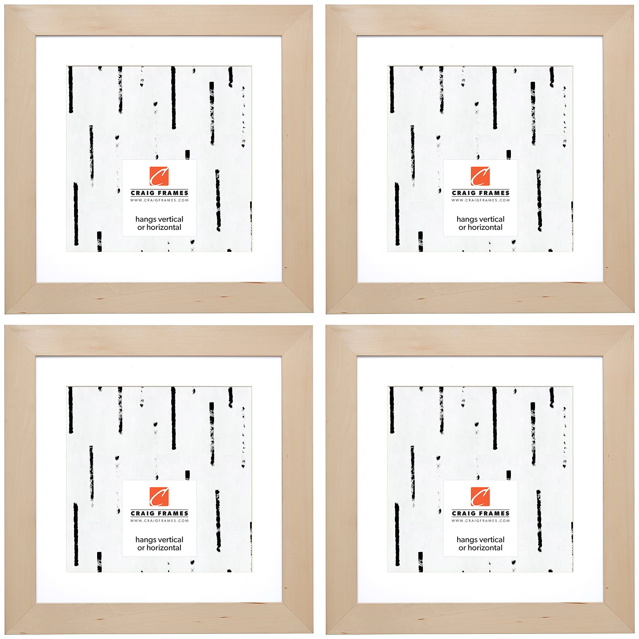 Craig Frames DIY Unfinished Wood Picture Frame Set of 4 - 12x12 Inch with 9x9 Inch Mat Opening for Square Photos - Natural Wood for Custom Painting & Decor - Perfect for Home, Office & Gallery Displays