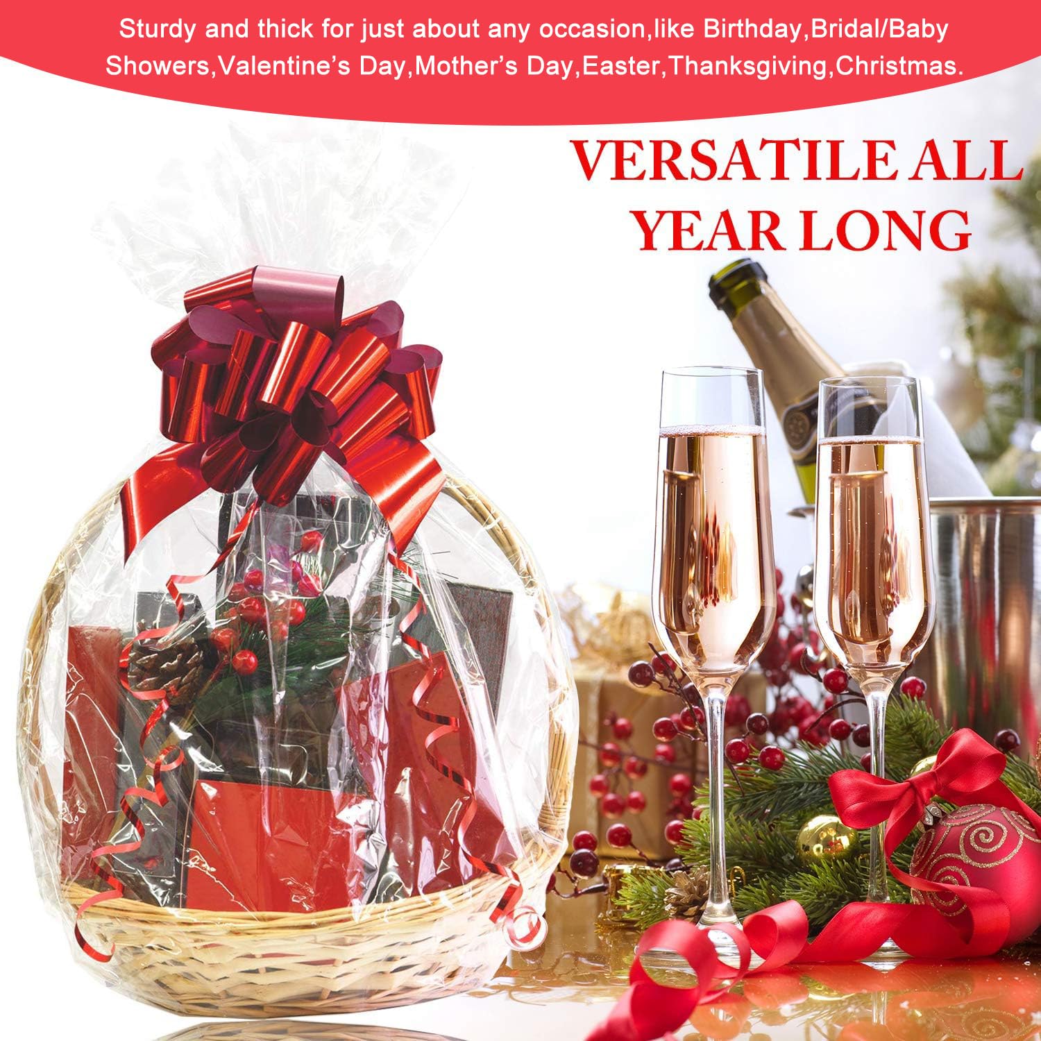 Morepack Easter Extra Large Clear PVC Heat Shrink Wrap Bags for Gift Baskets - 32x40 Inches, 20 Pack - Perfect for Holiday Gifts, Party Favors & DIY Craft Projects