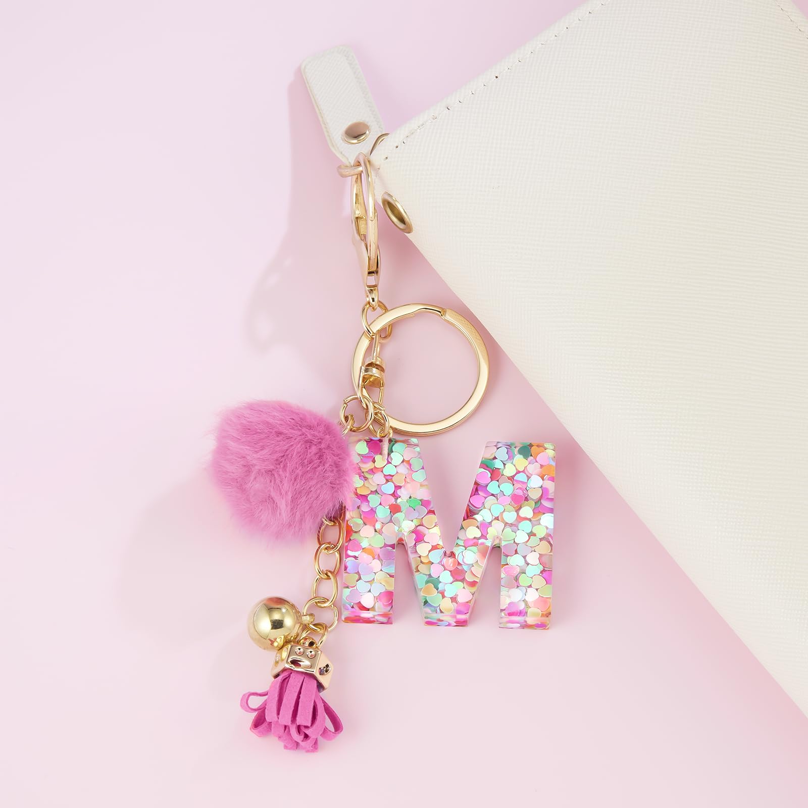 Personalized Resin Alphabet Initial Letter Keychain for Women - Custom Monogram Keyring with Soft Fur Ball Pom Pom - Perfect for Handbags, Purses, Backpacks & Gift Giving