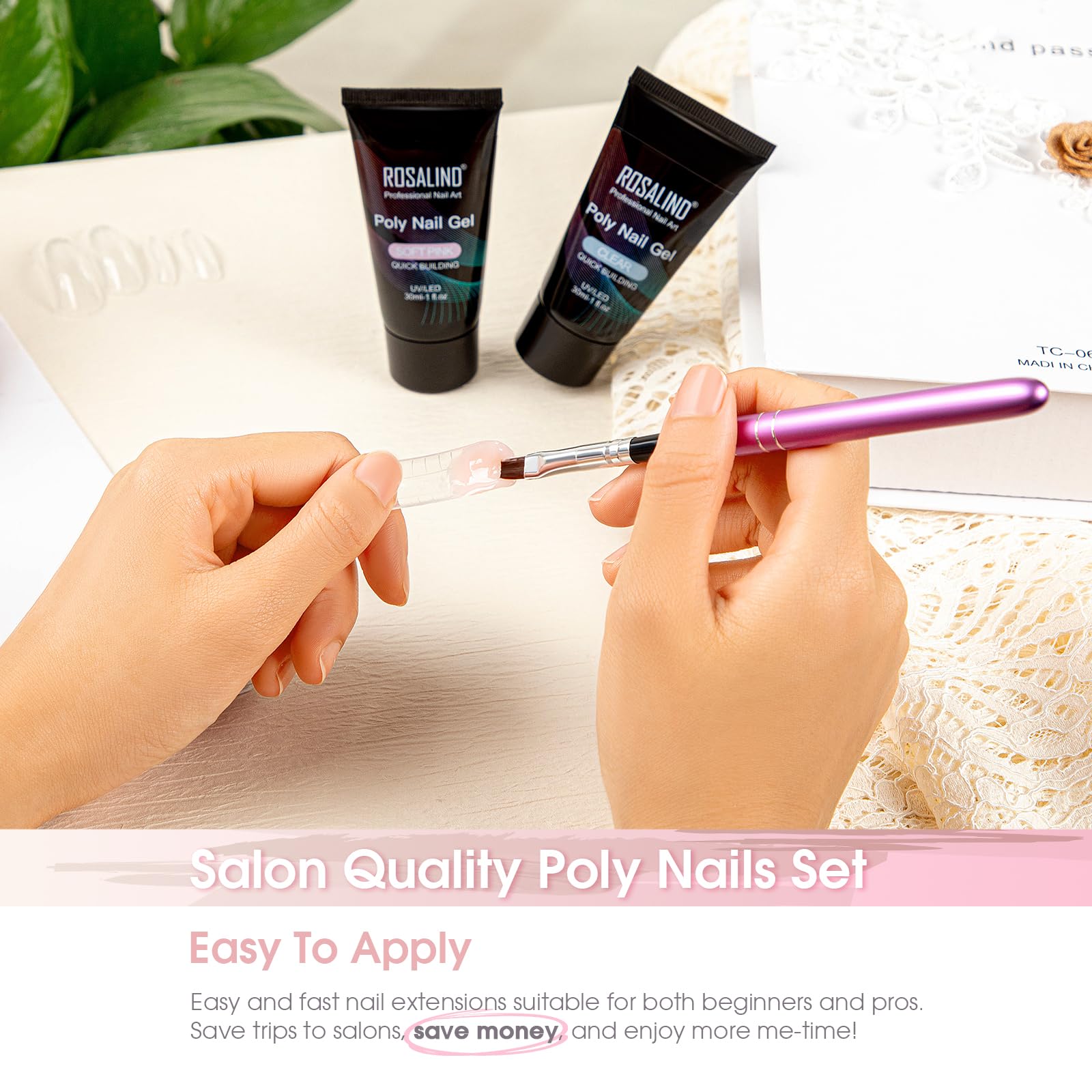 ROSALIND Acrylic Poly Nail Extension Gel Kit - 30ml Transparent Semi-Permanent Nail Gel Polish (2 Pack) with Brush & Nail Molds for Beginners - Perfect for DIY Nail Art, Salon Extensions & Home Manicures