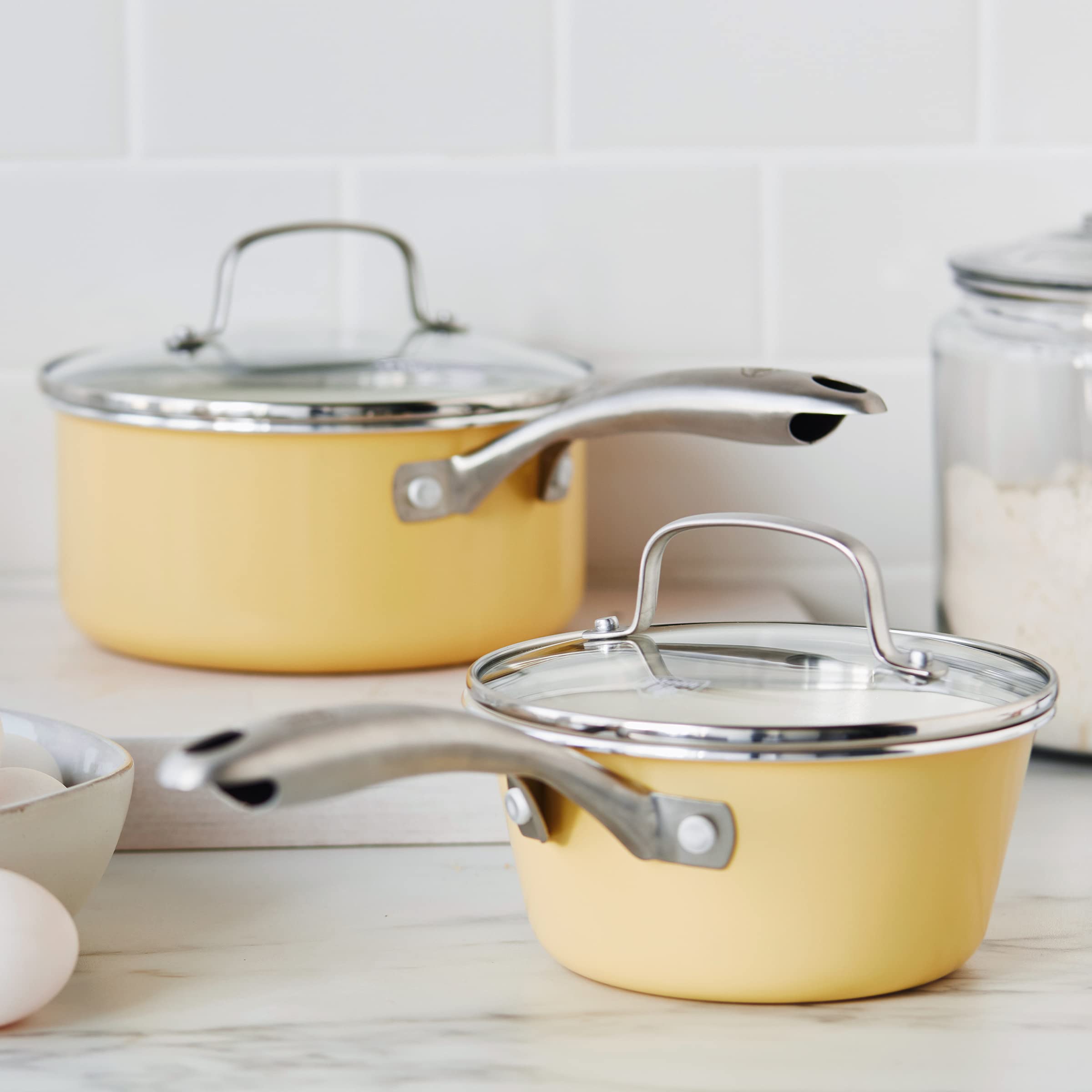 GreenLife Artisan Healthy Ceramic Nonstick Saucepan Set - 1QT & 2QT Pots with Lids, Stainless Steel Handles, PFAS-Free, Dishwasher & Oven Safe (Yellow) - Perfect for Cooking Sauces, Soups, and Small Meals
