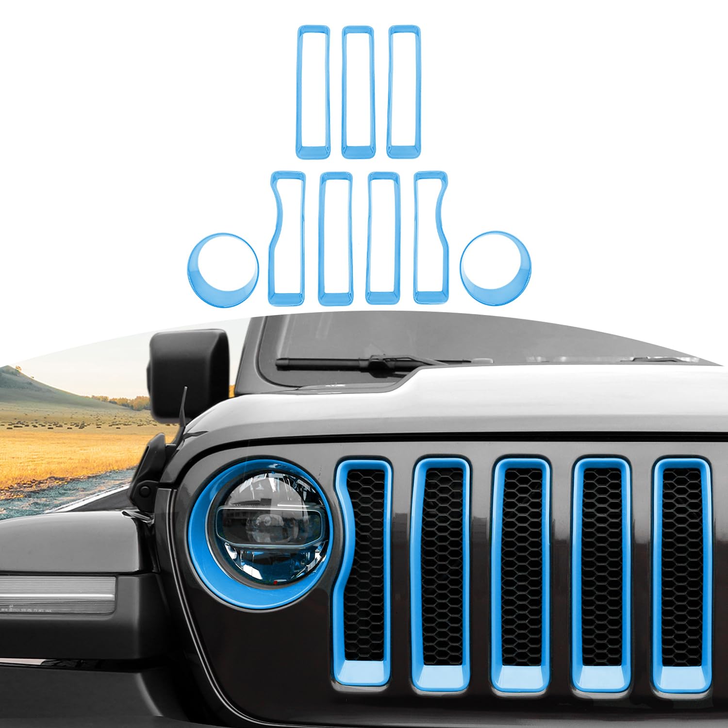 RT-TCZ Mesh Front Grille Grill Insert & Headlight Cover Trim for Jeep Wrangler JL/JLU (2018-2022) - Baby Blue Exterior Accessories (9-Piece Set) | Off-Road Protection & Custom Styling Upgrade