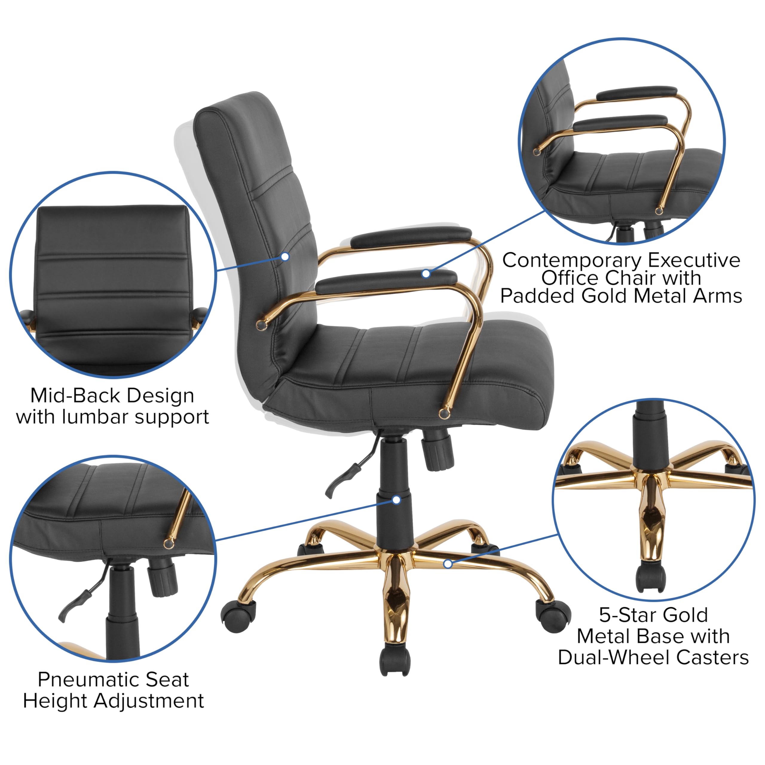 Whitney Mid-Back LeatherSoft Office Chair - Adjustable Height & Armrests for Home/Office