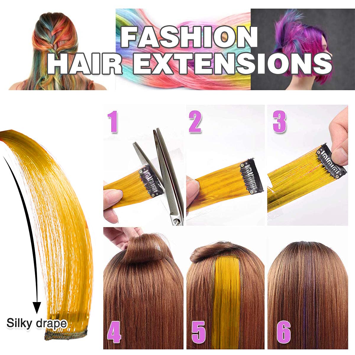 Rapidsflow® 6-Piece Colored Hair Streak Extensions for Women & Girls - 100% Real Human Hair for Highlighting, Straight Golden Blonde - Perfect for Parties, Cosplay & Daily Styling