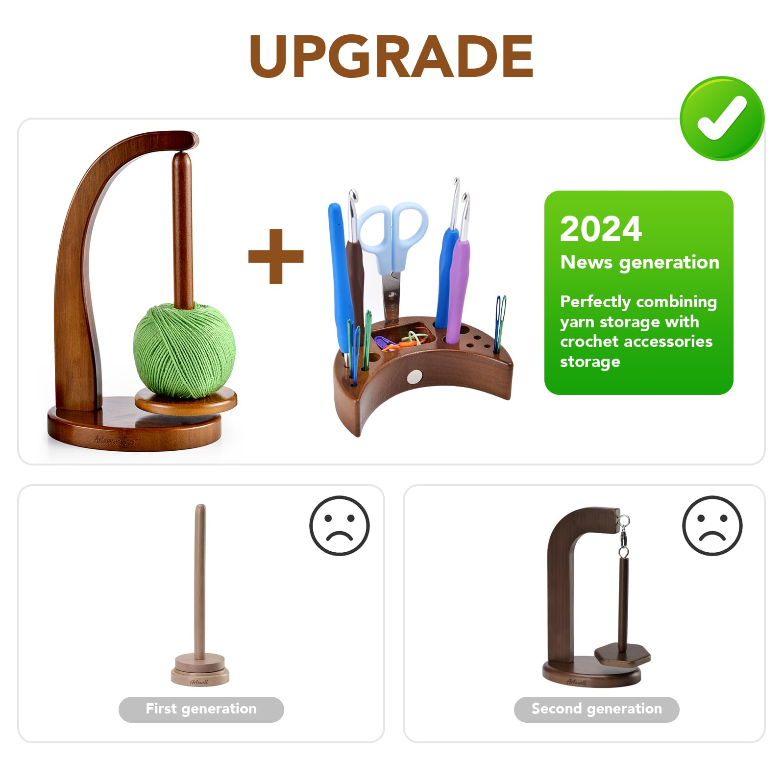 ULOI Magnetic Wooden Yarn Holder with Storage Attachment - Premium Crochet & Knitting Accessories Organizer for Craft Projects - Walnut Finish - Perfect for Yarn Storage, Needlework, and DIY Handmade Crafts at Home