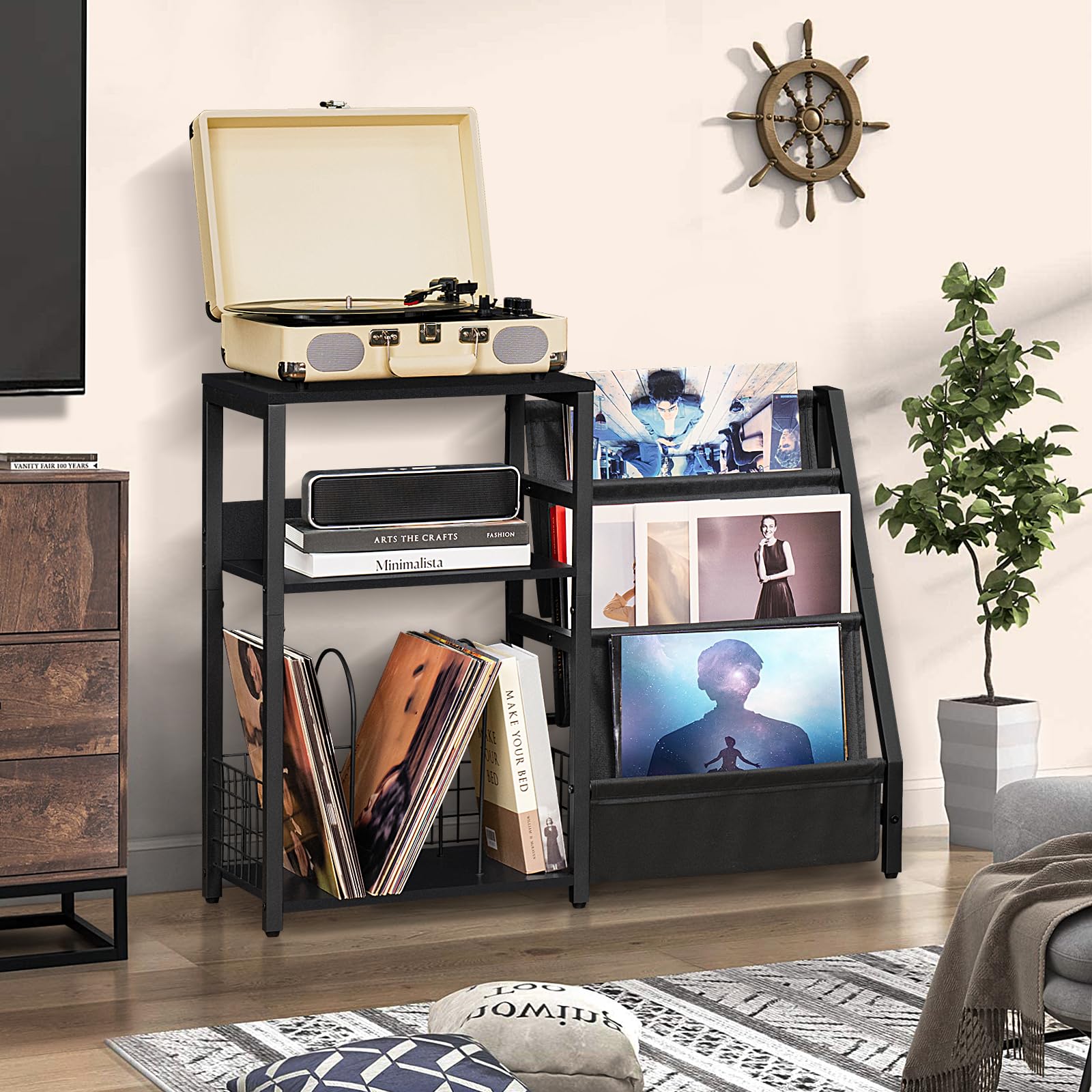 LELELINKY 3-Tier Black End Table with Vinyl Storage - Industrial Record Player Stand Holds 150+ Albums, Side Table with Display Shelf for Living Room, Bedroom & Office - Perfect for Organizing Vinyl Records, Books & Decor