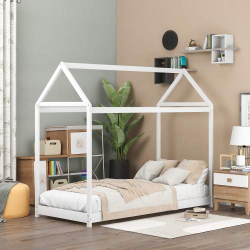 Twin Size Wooden House Bed Frame - Daybed & Floor Bed for Teens, Kids, Boys & Girls - Decorative White Bedroom Furniture for Cozy & Playful Spaces