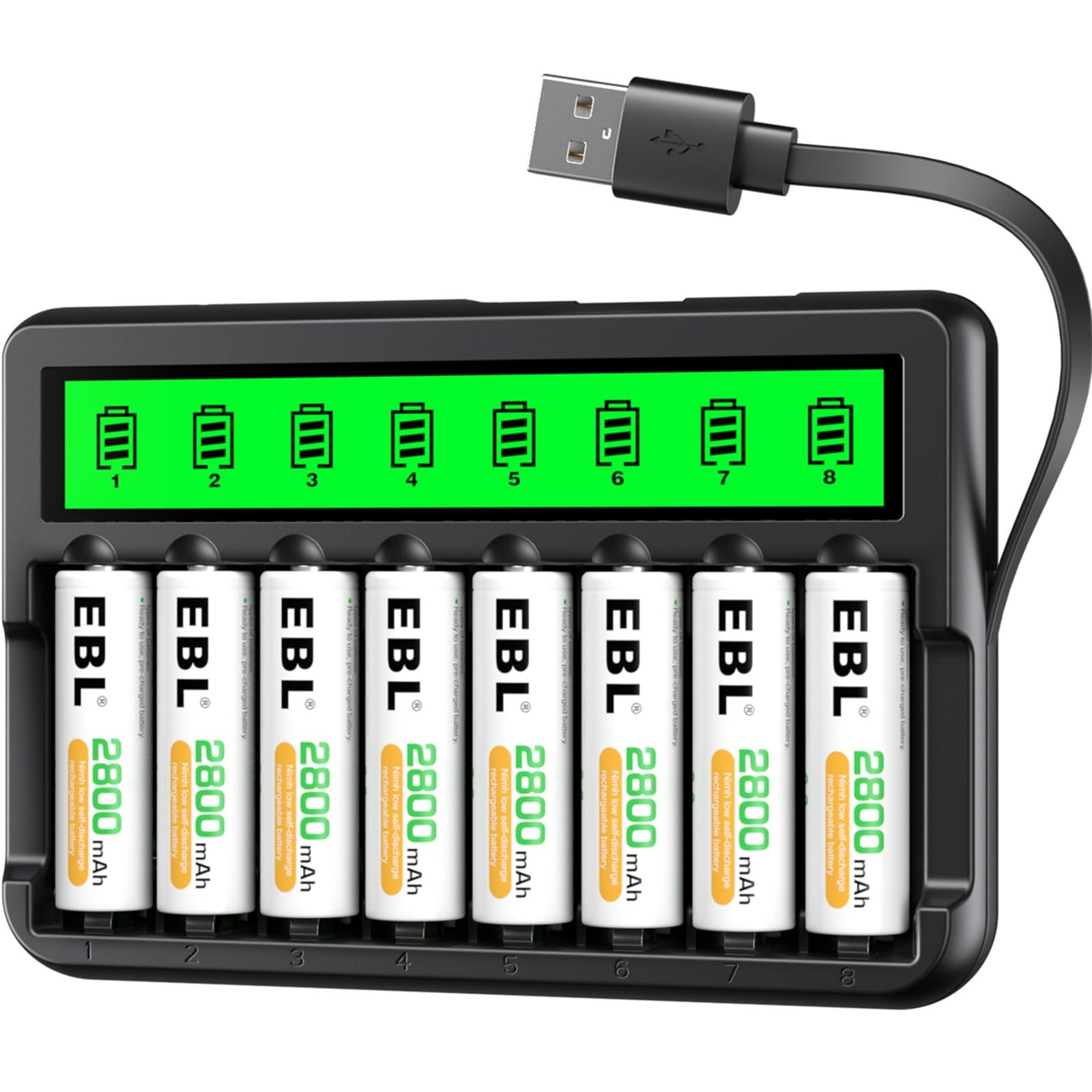 EBL 8-Pack AA 2800mAh Rechargeable Batteries with LCD Charger - USB & Micro USB Ports for AA/AAA Ni-MH Batteries | Perfect for Cameras, Toys, Flashlights & Emergency Power Backup