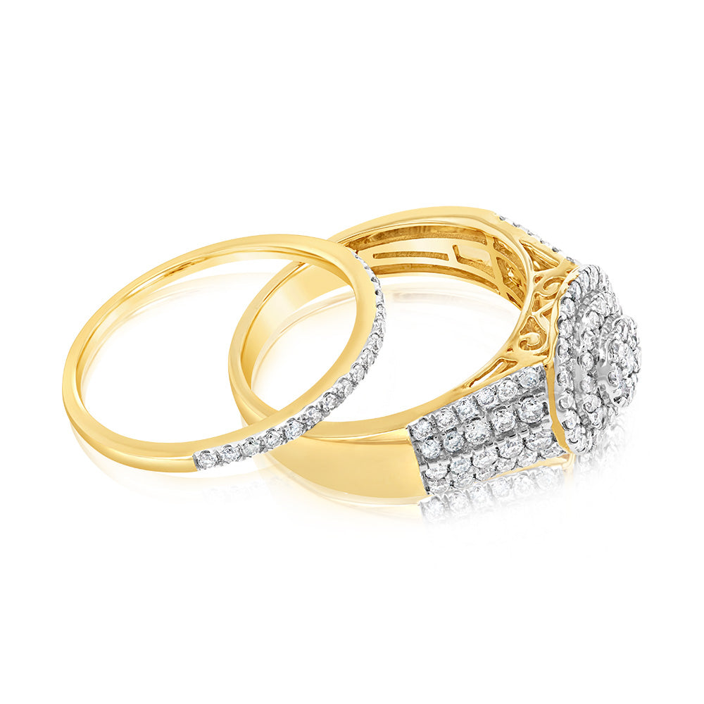 9ct Yellow Gold 1 Carat Round Diamond Cluster Bridal Ring Set - Perfect for Engagement, Wedding & Anniversary Gifts