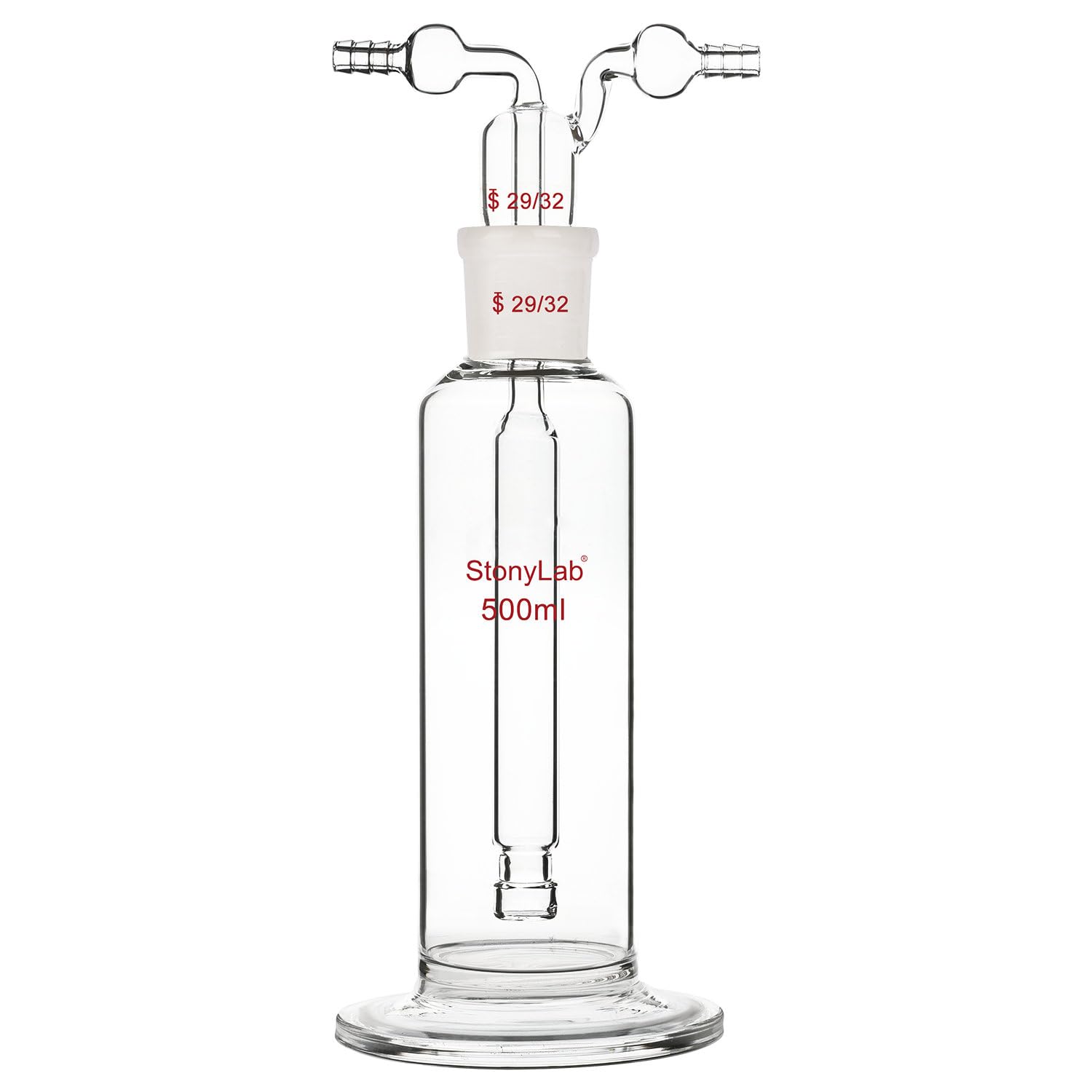 Stonylab Gas Washing Bottle - 500ml Borosilicate Glass with 29/32 Standard Joint & 8mm Serrated Hose - Ideal for Chemistry Labs, Gas Purification & Science Experiments
