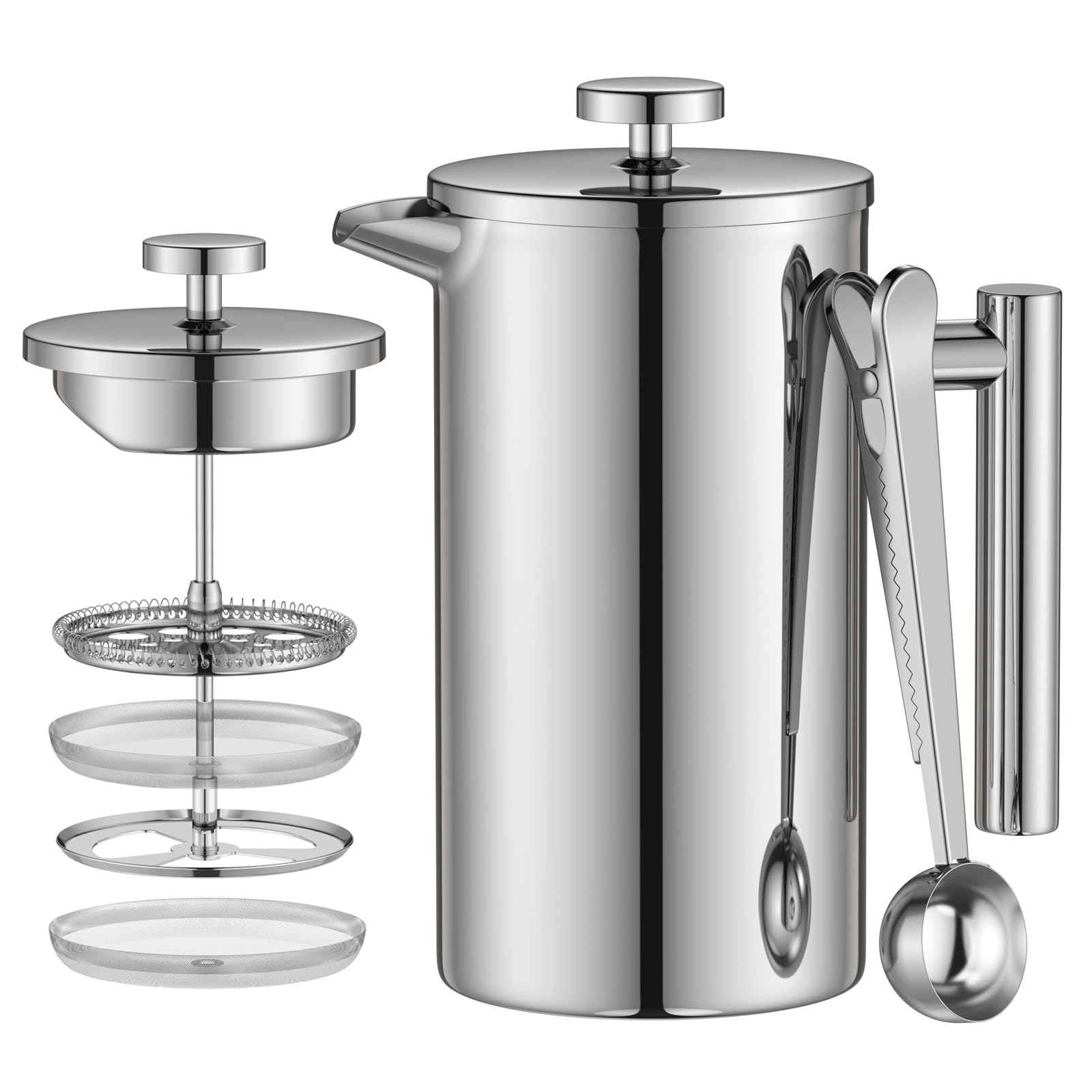 Enfmay 1L French Press Coffee Maker with 4-Layer Stainless Steel Filter & Spoon - Insulated Stainless Steel Cafetiere for Home, Travel & Camping - Perfect for Brewing Rich Coffee, Tea & Cold Brew (Silver)