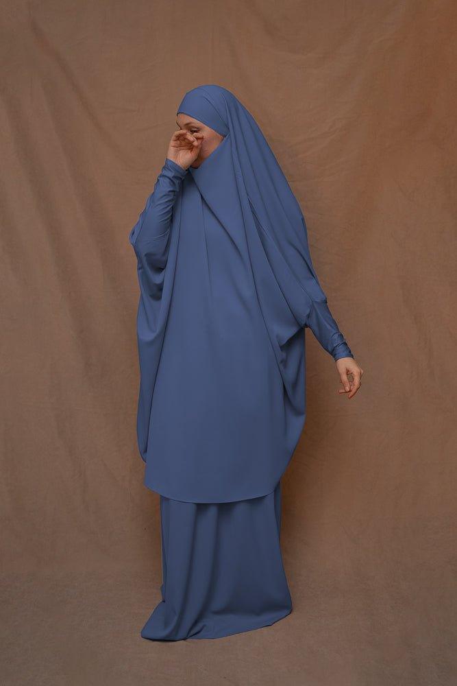 Blue Moira Umrah Prayer Gown with Niqab - Modest Islamic Abaya for Women - Perfect for Hajj, Umrah & Daily Prayers