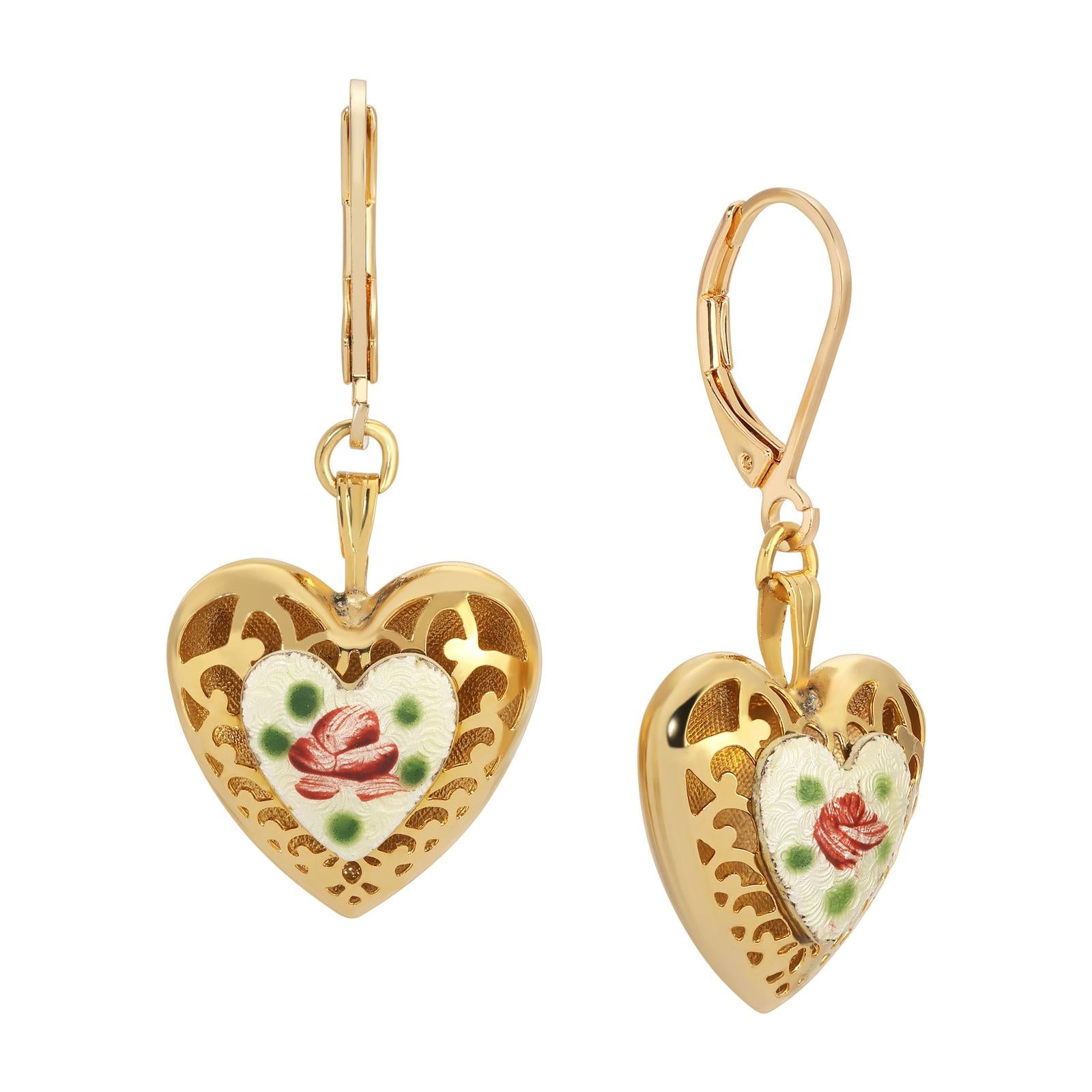 1928 Vintage Pink Rosebud Heart Drop Earrings - Handmade Jewelry for Women - Perfect for Weddings, Anniversaries & Romantic Date Nights