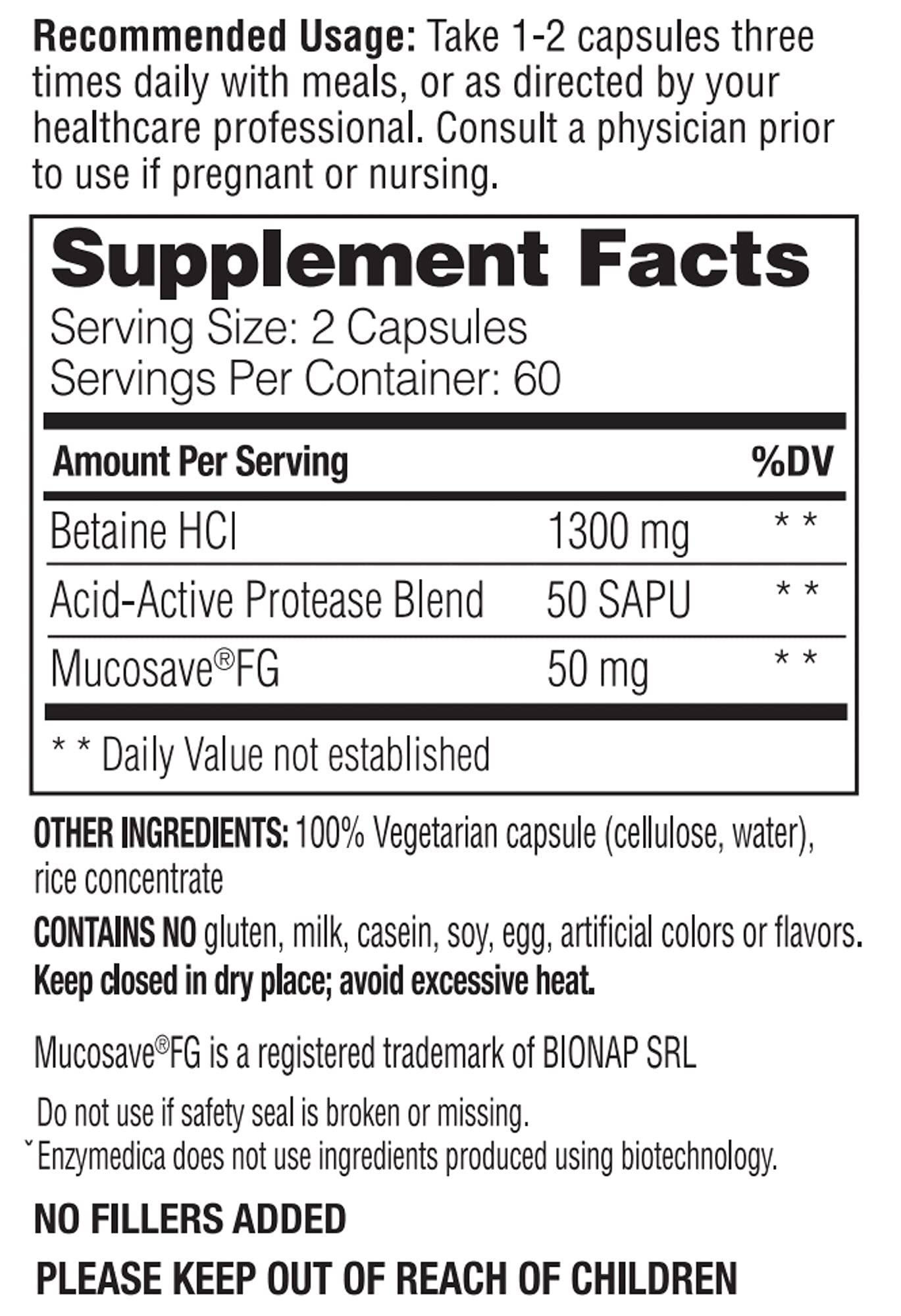 Enzymedica Betaine HCI 600mg Digestive Enzyme Supplement - 60 Capsules for Gut Health & Acid Reflux Relief - Supports Protein Digestion & Nutrient Absorption