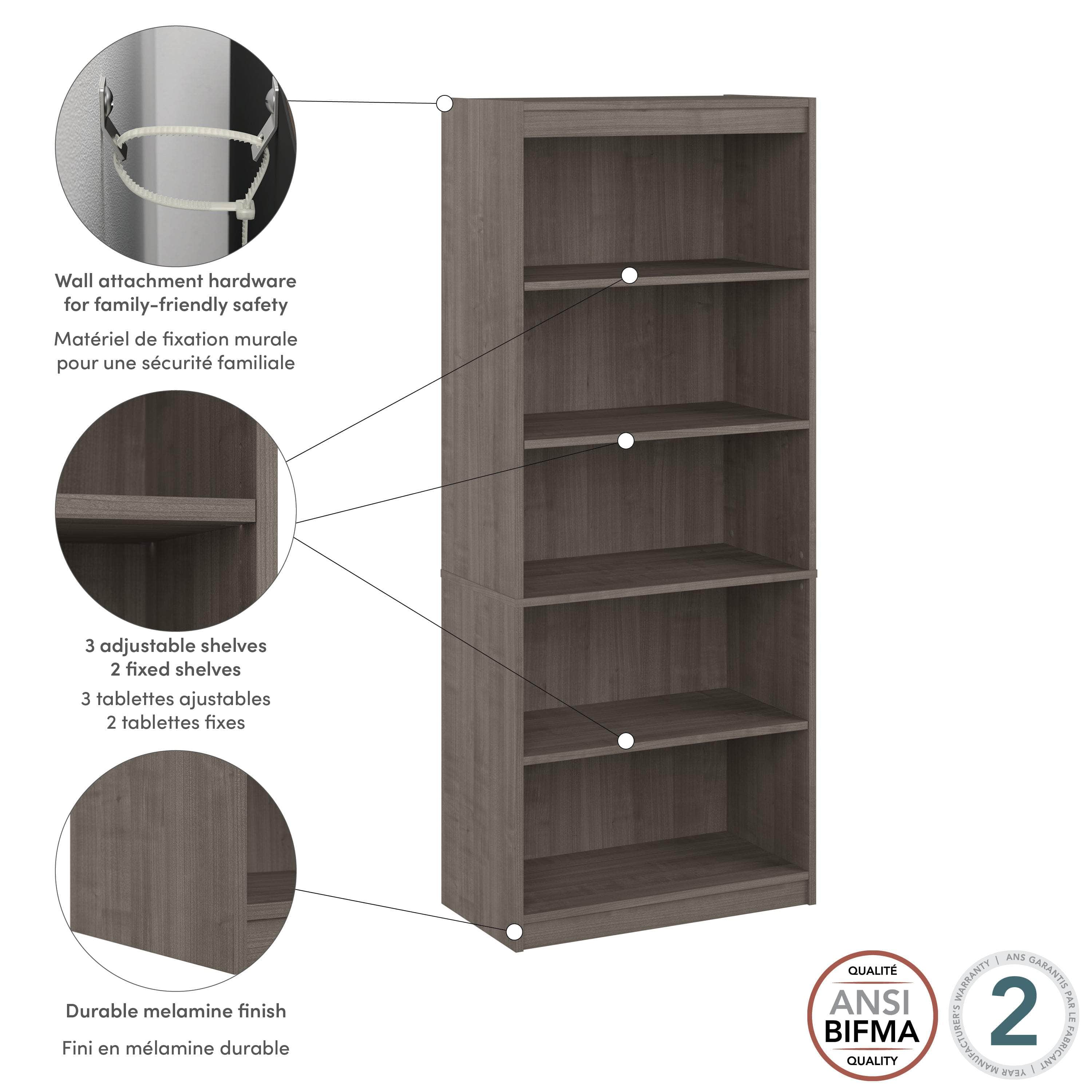 Ridgeley 30W 5-Tier Bookshelf - White, Black & Walnut Finish | Space-Saving Bookcase for Living Room, Office & Bedroom Storage