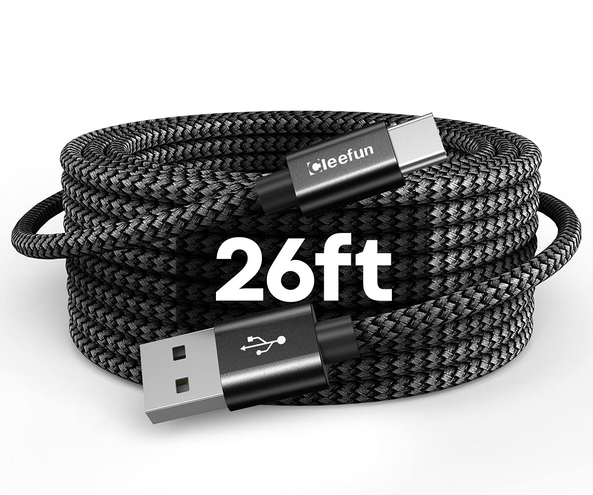 CLEEFUN 26ft USB C Cable, 8m USB A to Type C Charging Cord Fast Charger Compatible with PS5 Controller, Nintendo Switch, Samsung Galaxy Note, Moto - Durable Nylon Braided for Phone Tablet Camera (Perfect for Gaming, Long-Distance Charging & Travel)