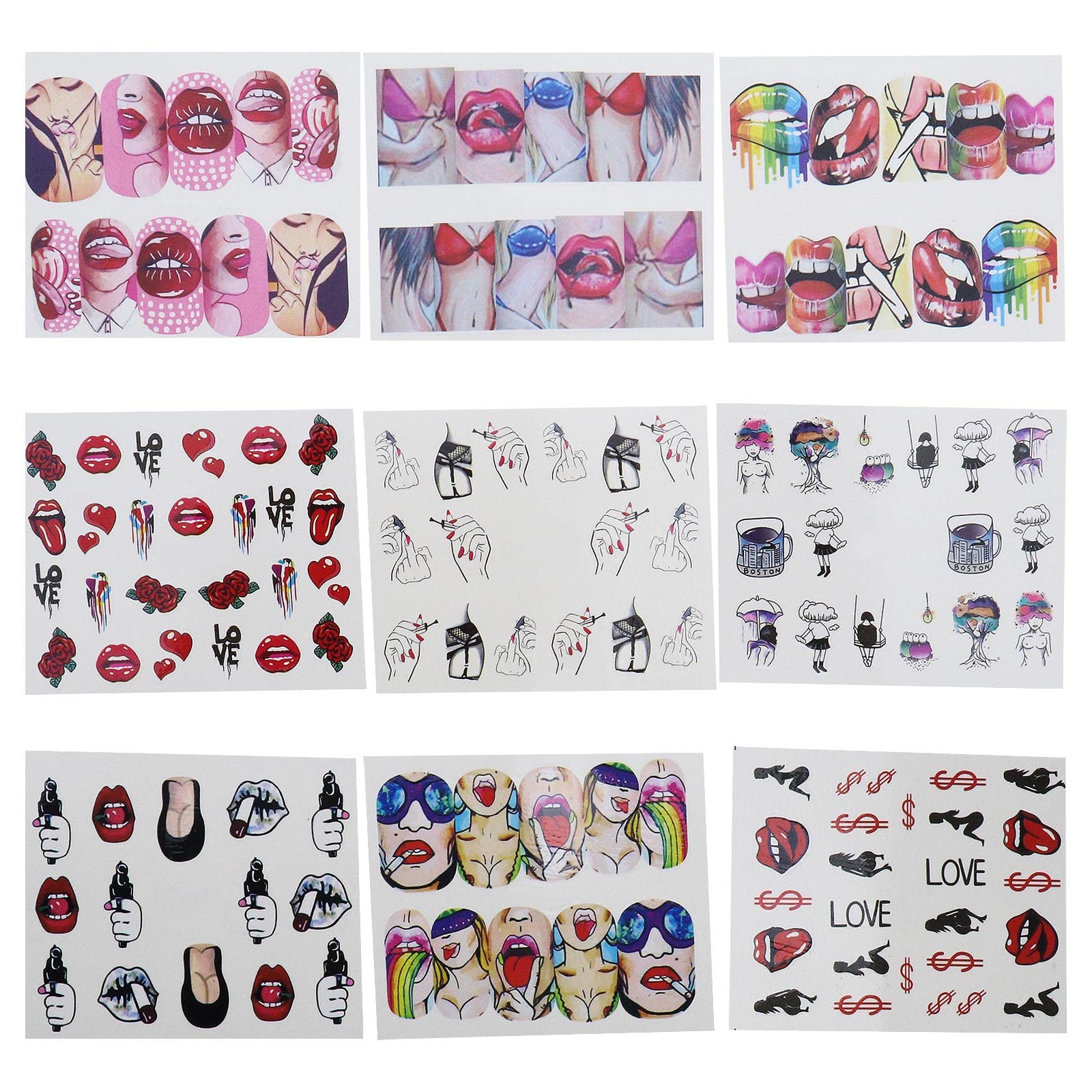 **OTOTEC 18 Sheets Nail Stickers - Water Transfer Nail Art Decals for Women & Girls, Trendy Manicure Designs for Fingers & Toes, Red Kiss Lips & Sexy Nail Tattoo Decorations - Perfect for Parties, Weddings, and Everyday Glam**