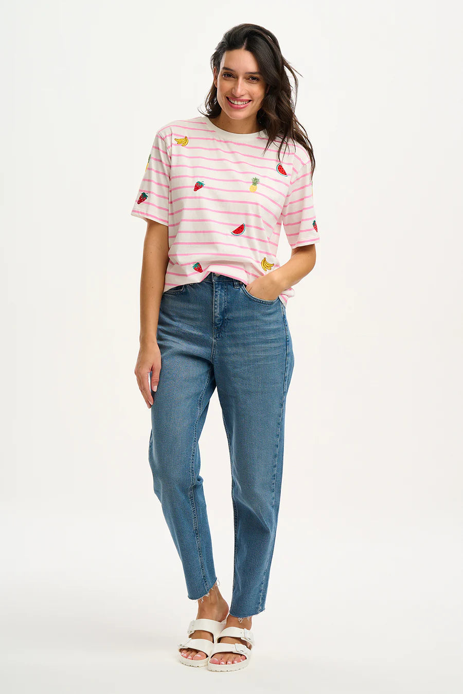 Kinsley Relaxed Fit T-Shirt for Women - Soft Cotton Casual Tee in Off White & Pink Fruit Print | Perfect for Everyday Wear, Lounge & Outings