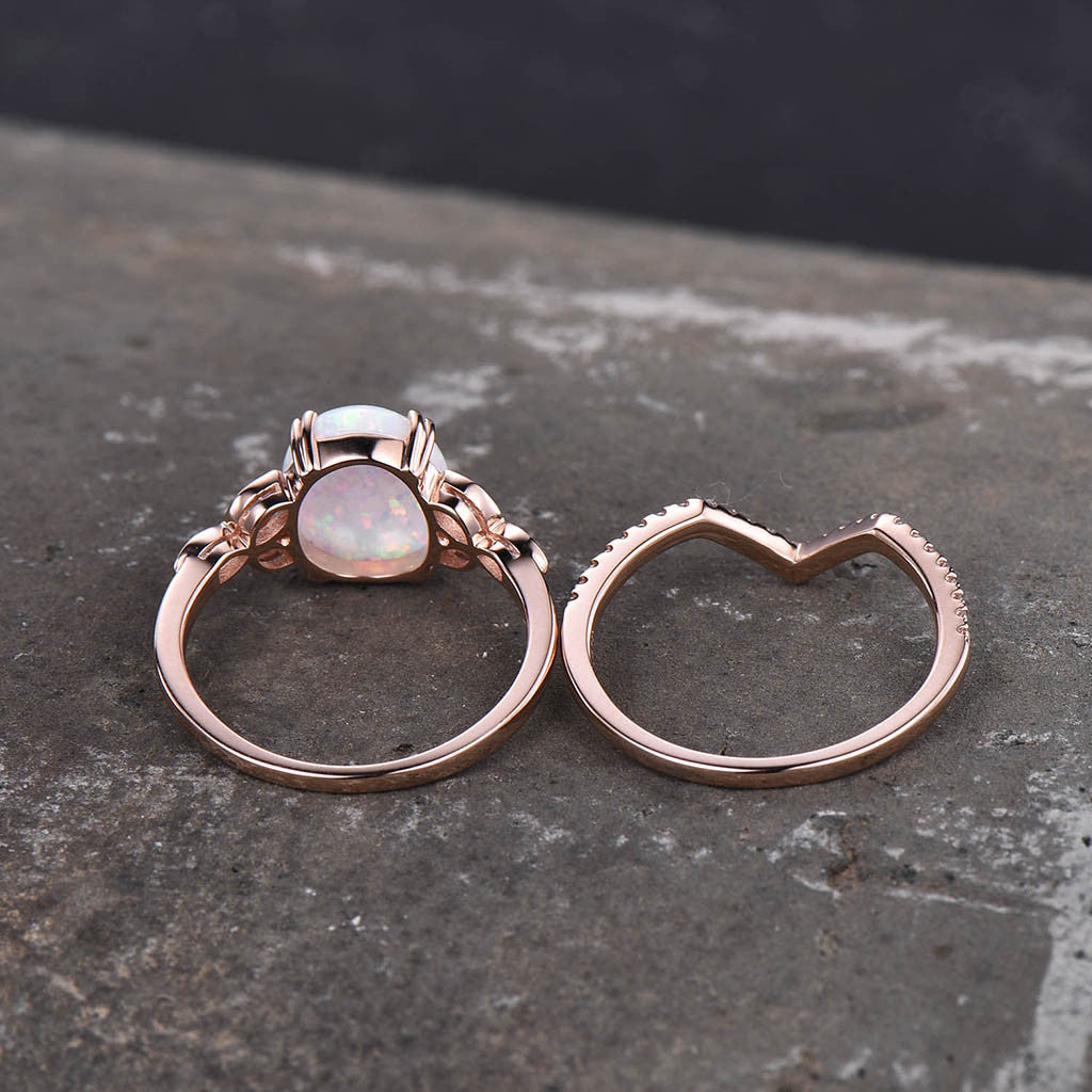 Opal Wedding Ring Set - White Fire Opal Floral Engagement Ring & Rose Gold Plated Curve Wedding Band - Unique Silver Bridal Jewelry for Women - Perfect for Proposals, Anniversaries & Romantic Occasions