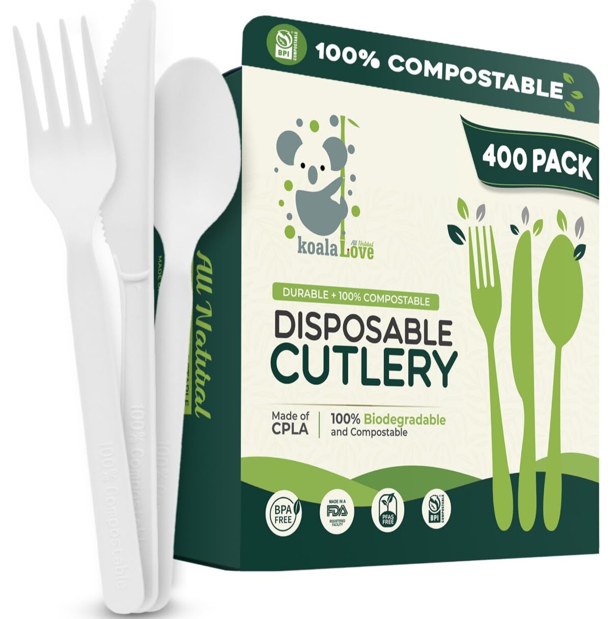 **Eco-Friendly 7-Inch Compostable Cutlery Set - 400 Pieces | Heavy-Duty Biodegradable Knives, Forks & Spoons | Durable, Heat-Resistant Alternative to Plastic Utensils | Perfect for Parties, Picnics, Catering & Zero-Waste Living**