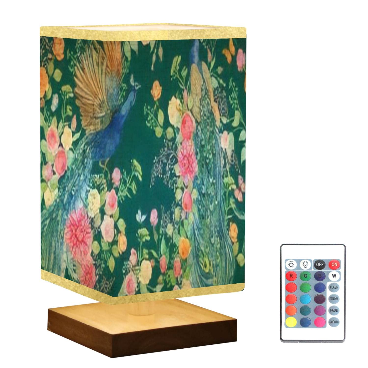 Square Bedside Table Lamp with Hand-Painted Peacock & Flower Watercolor Design, Wooden Base & Flaxen Fabric Shade - Dimmable Nightstand Lamp for Bedroom, Living Room | Perfect for Reading, Relaxing & Bedside Decor