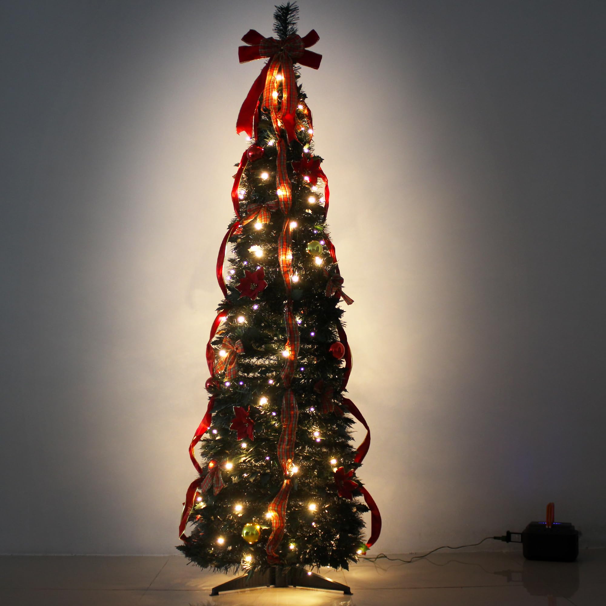 6FT Pre-Lit Pop-Up Christmas Tree with Red Ribbon Bow & Sparkling Ball Ornaments - Indoor/Outdoor Artificial Holiday Decor for Living Room, Porch, Office & Party Decorations
