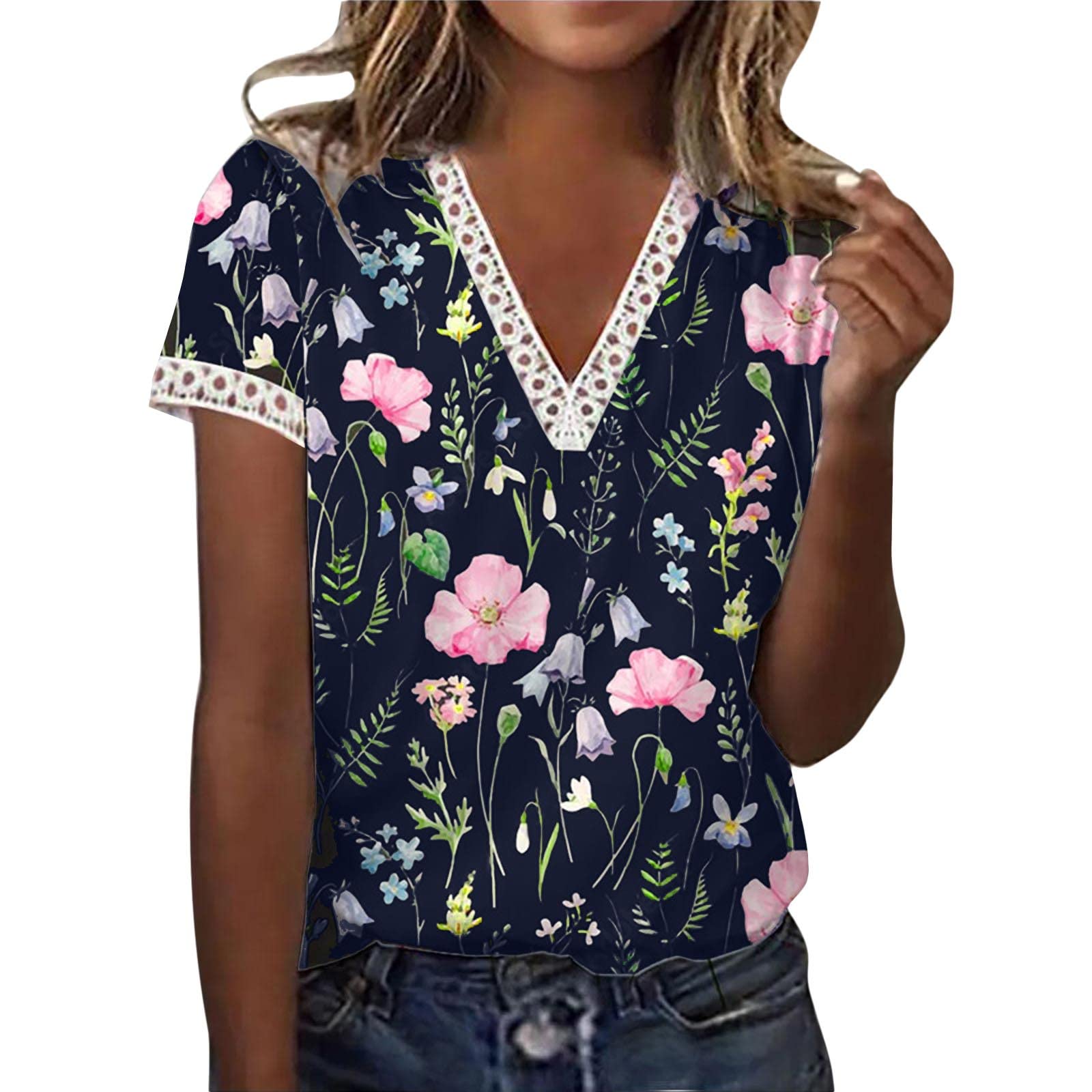 Women's 2022 Summer Casual Ombre V-Neck T-Shirt - Loose Fit Soft Short Sleeve Blouse for Beach, Softball & Everyday Wear