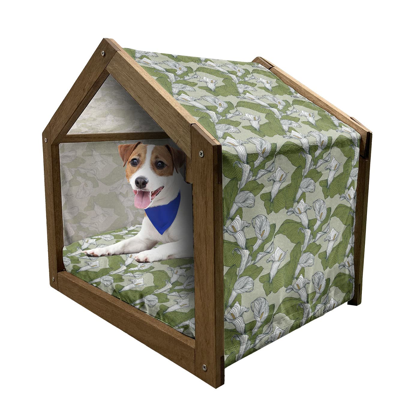 Ambesonne Wooden Pet House for Dogs - Medium Size Indoor & Outdoor Dog Kennel with Pillow & Cover - Abstract Calla Lily Flowers Design in White & Olive Green - Perfect for Backyard, Patio or Living Room Use