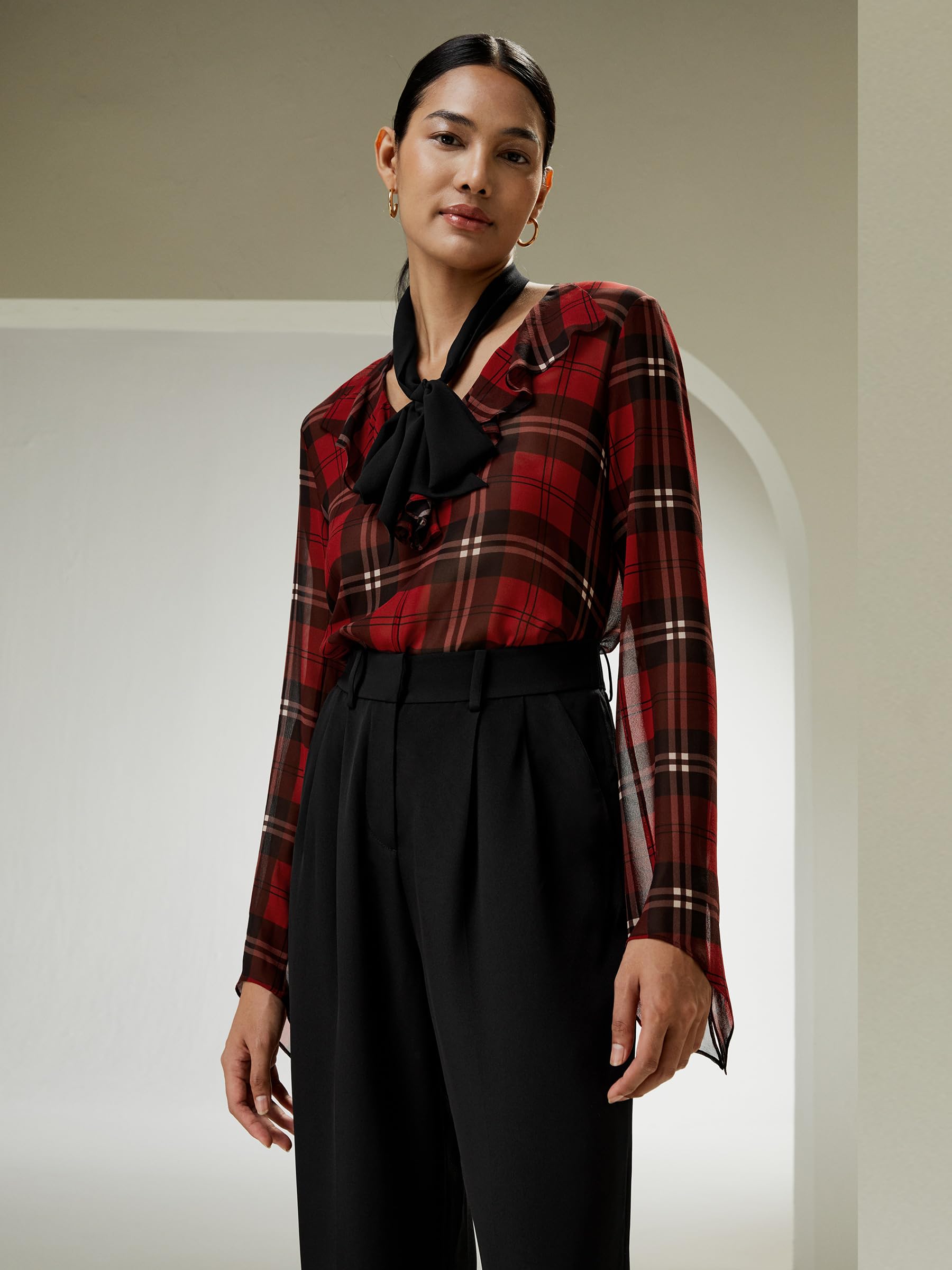 LilySilk Women's Pure Silk Blouse - 14MM Ruffle Neckline & Side Slit Cuffs - Black Red Checkered Pattern Top for Work, Party & Special Occasions