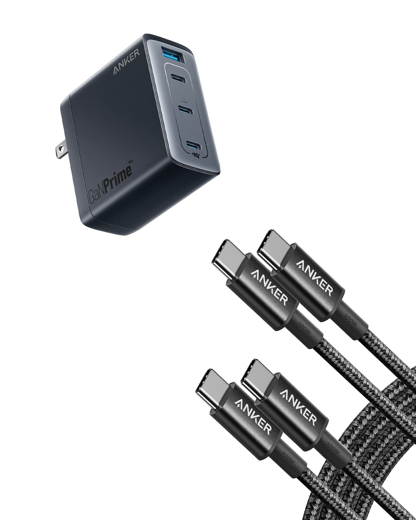 Anker 747 GaNPrime 150W USB C Wall Charger with PPS, 4-Port Fast Compact Foldable Power Adapter & 6ft 100W USB C to C Cable (2-Pack) - Compatible with MacBook Pro/Air, iPad Pro, iPhone 15, Galaxy S23 | Perfect for Travel, Office & Home Charging