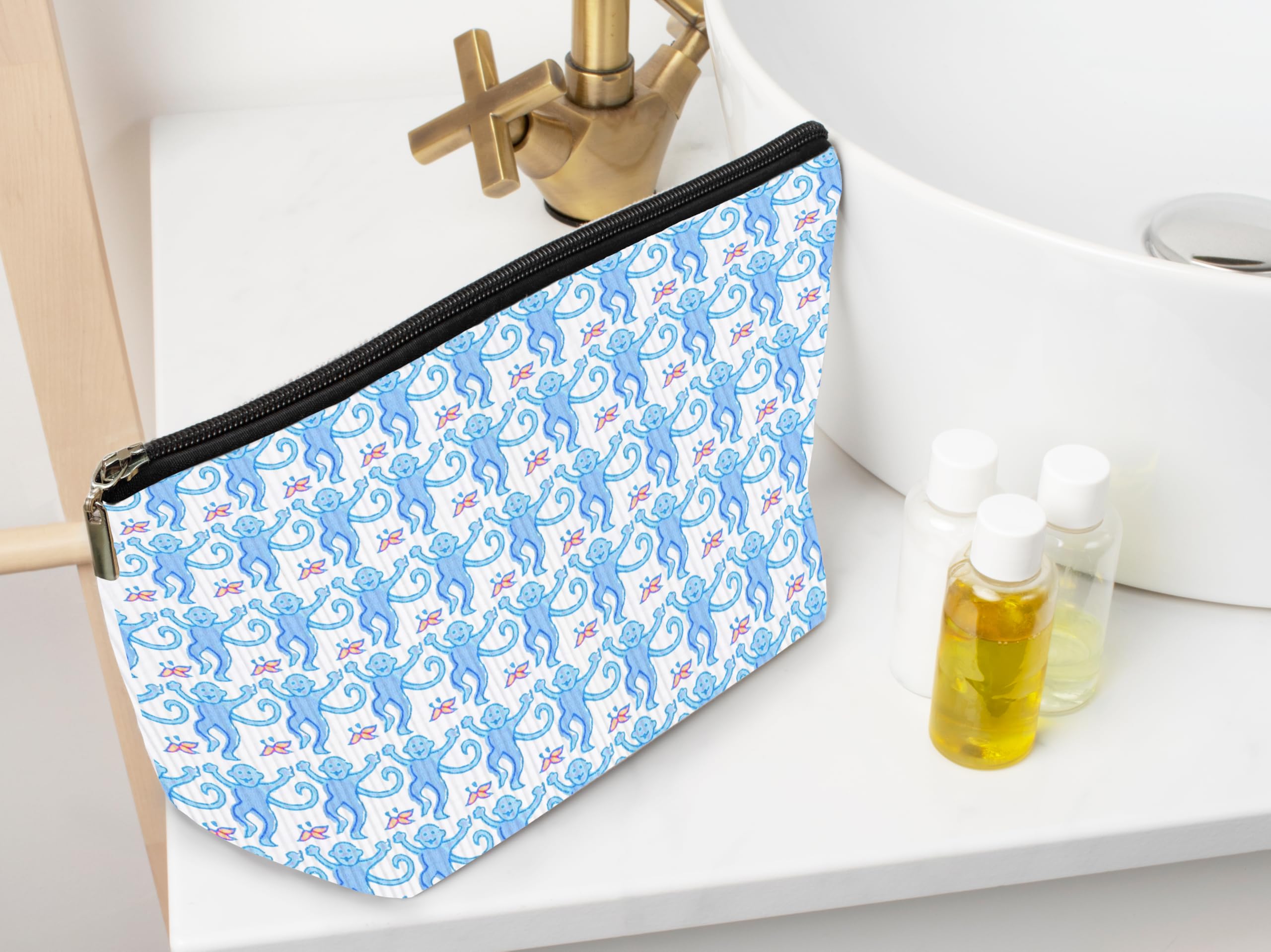 **Ayxvt Preppy Corduroy Makeup Bag for Women | Pink & Blue Zippered Travel Toiletry Pouch | Cute Gifts for Teen Girls & Monkey Lovers | Perfect for Travel, Gym & Daily Cosmetics Storage**