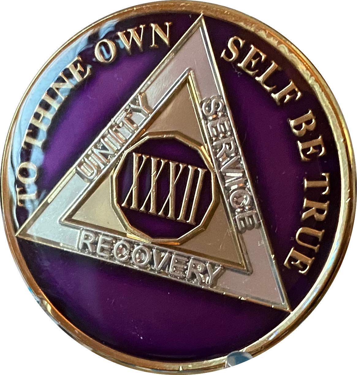 32 Year AA Medallion Metallic Purple Tri-Plate Sobriety Chip XXXII - Alcoholics Anonymous Recovery Token for Milestone Celebrations & Support Group Meetings